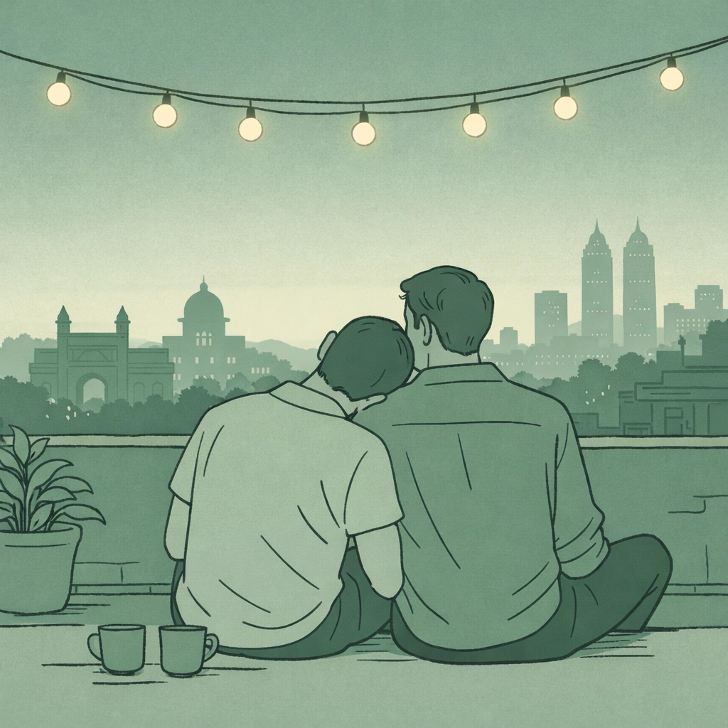 Two men sharing intimate moment on Mumbai rooftop representing LGBTQ+ love in India