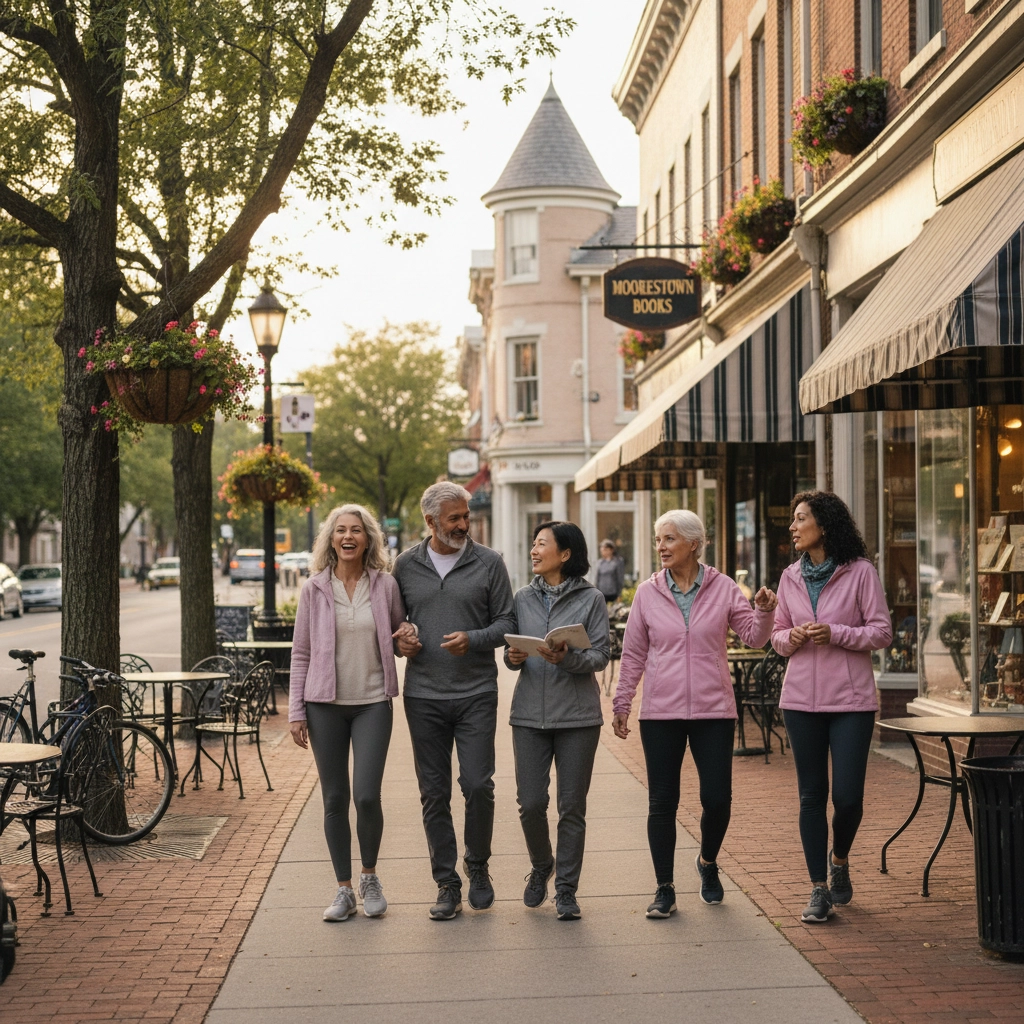 Couple enjoying a walk in a vibrant, walkable community, symbolizing a desired lifestyle after downsizing Couple enjoying a walk in a vibrant, walkable community, symbolizing a desired lifestyle after downsizing