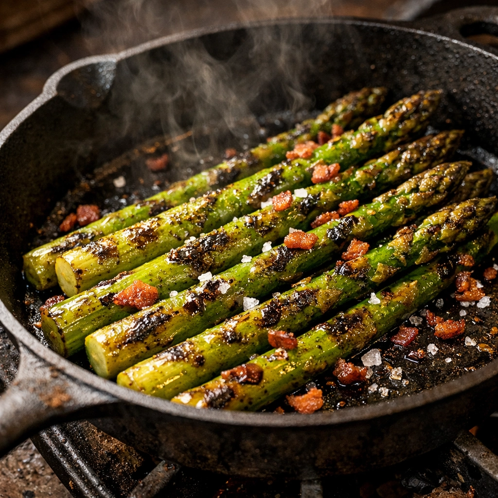 Charred asparagus in a cast iron skillet with crispy bacon and sea salt, showcasing Southern cooking techniques.