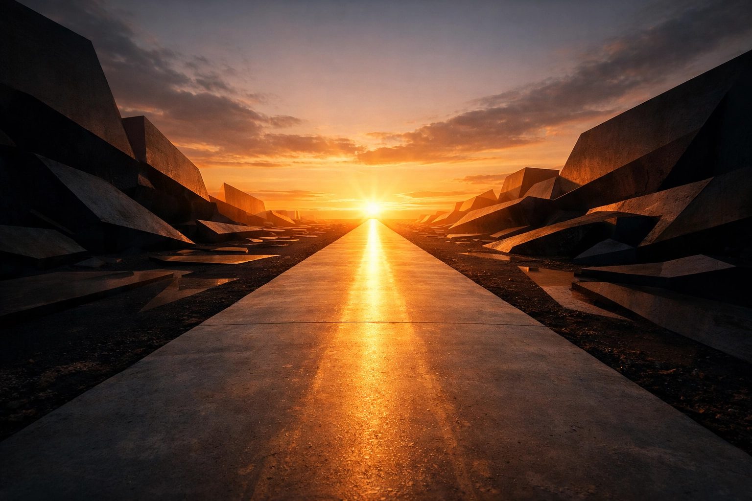 A bright path toward a golden horizon symbolizing staying firm on the straight path of faith.