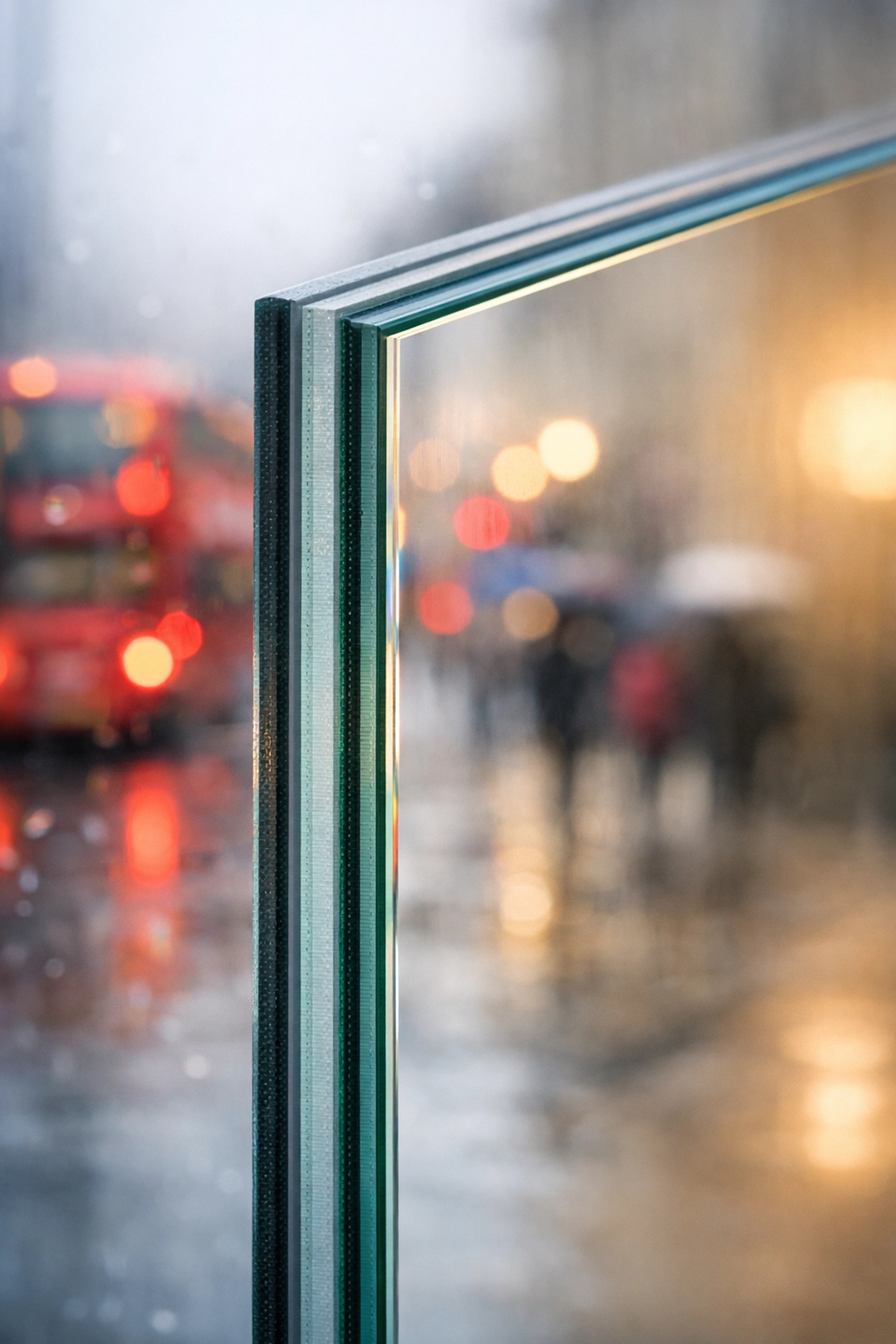 Close-up of 10.8mm acoustic laminate glass providing superior noise reduction for urban homes.