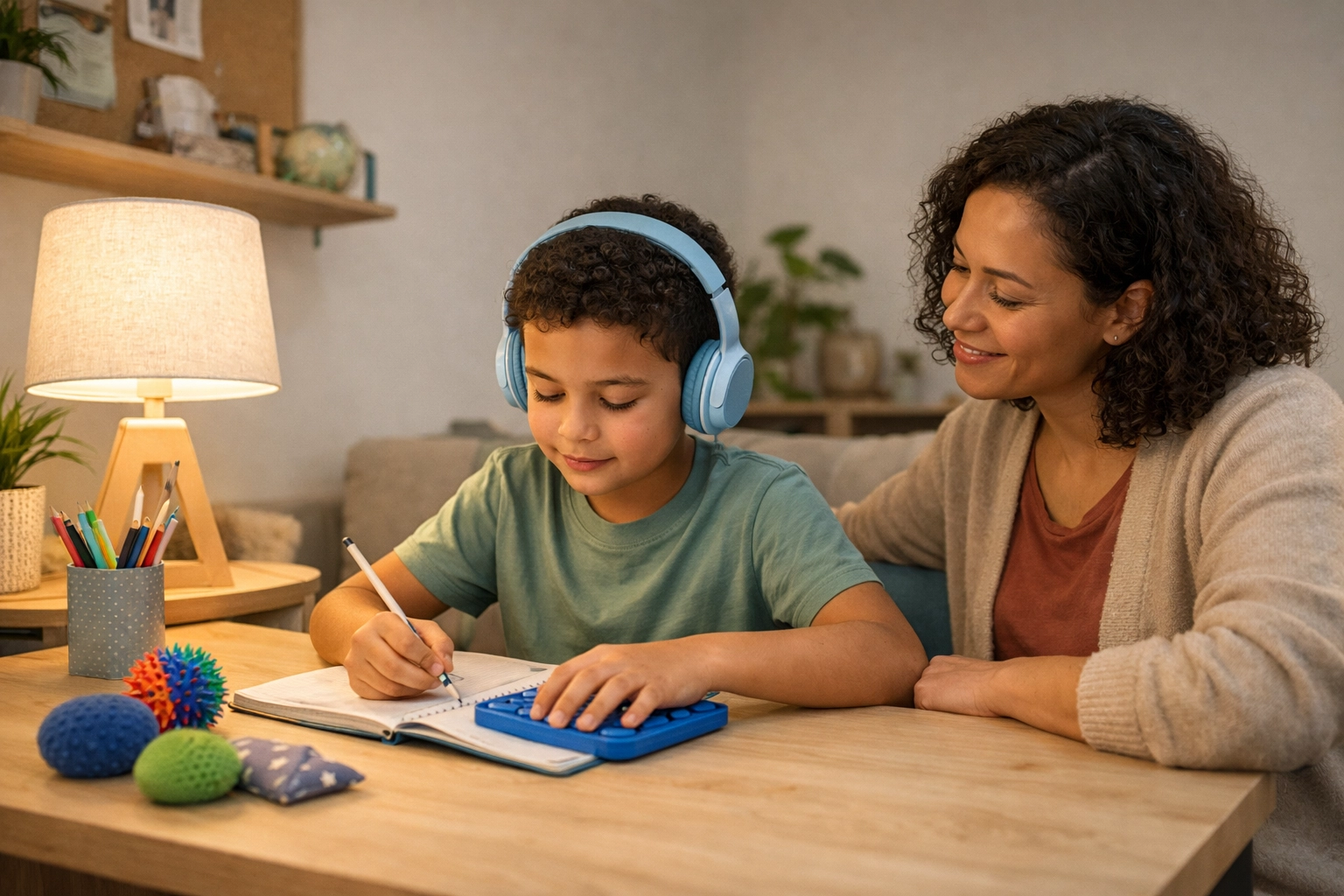 Child using a calmer homework setup with headphones, soft lighting, and sensory tools—reducing friction instead of forcing willpower