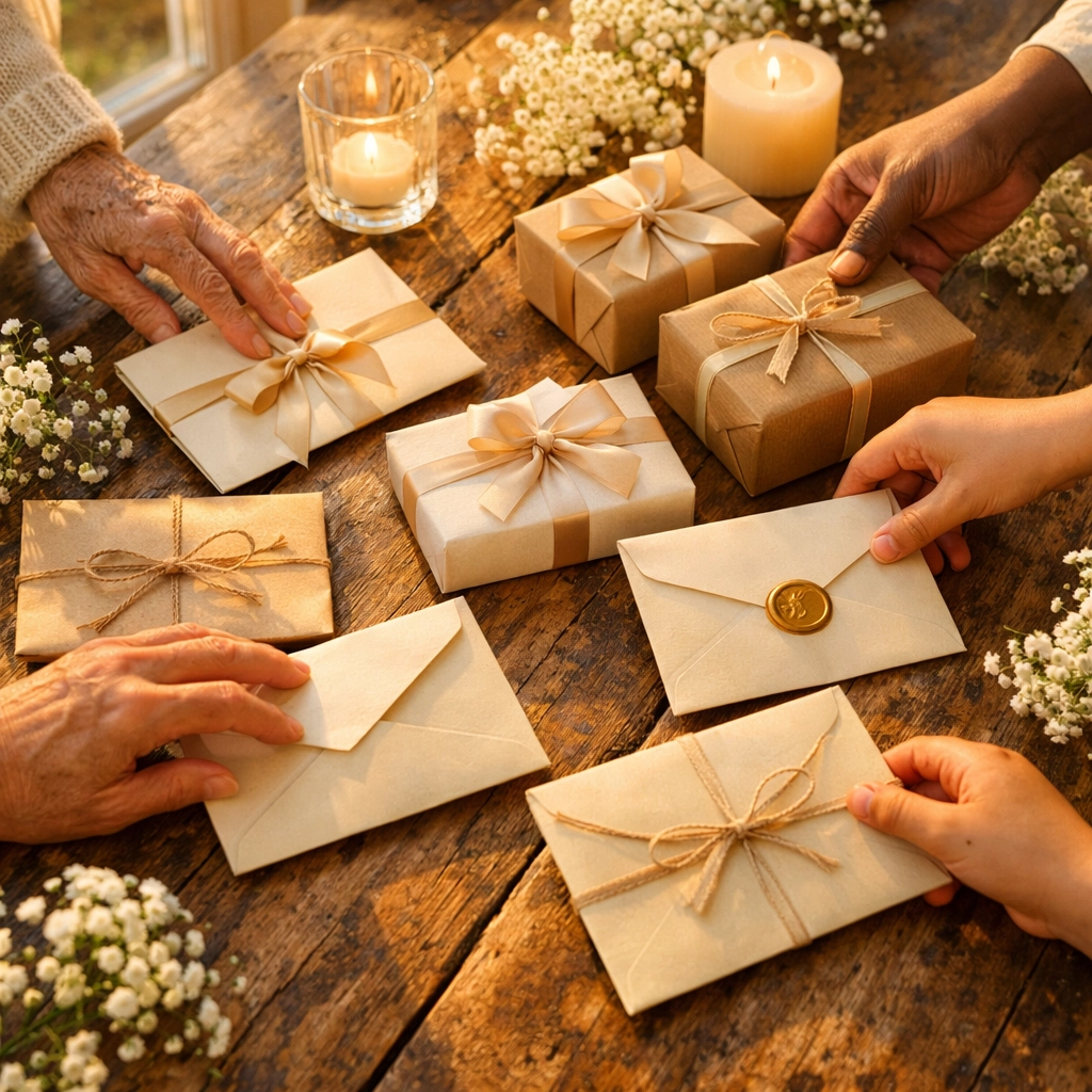 Wedding guests placing gift envelopes and contributions on decorated table