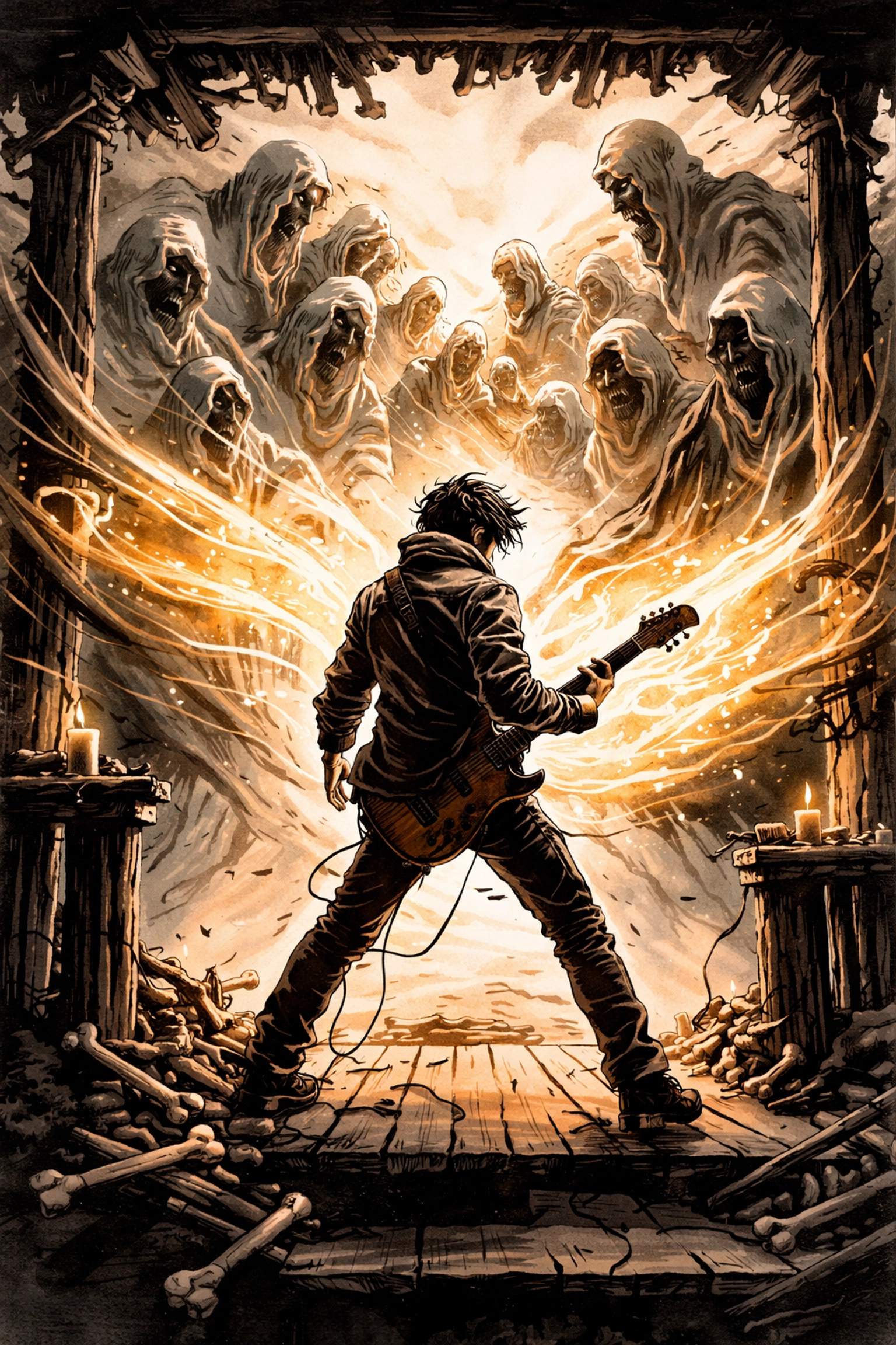 A silent guitarist faces spectral enemies with magical music, highlighting the climax of the weird western story.