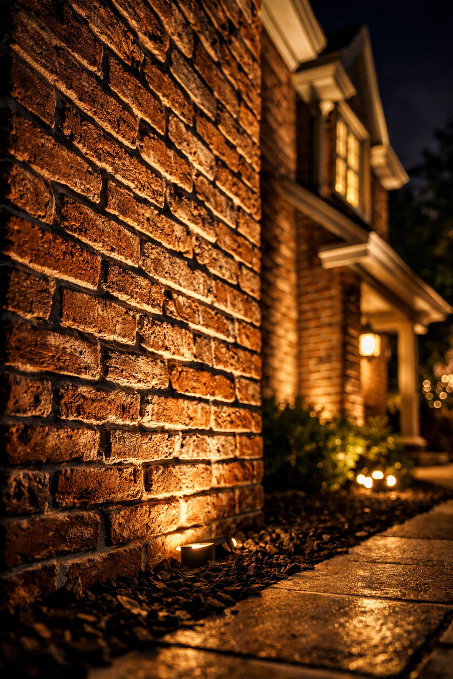 Brick, Stone, and Light: Enhancing Your Home's Texture After Dark Brick home exterior with warm white uplighting showcasing texture and shadows