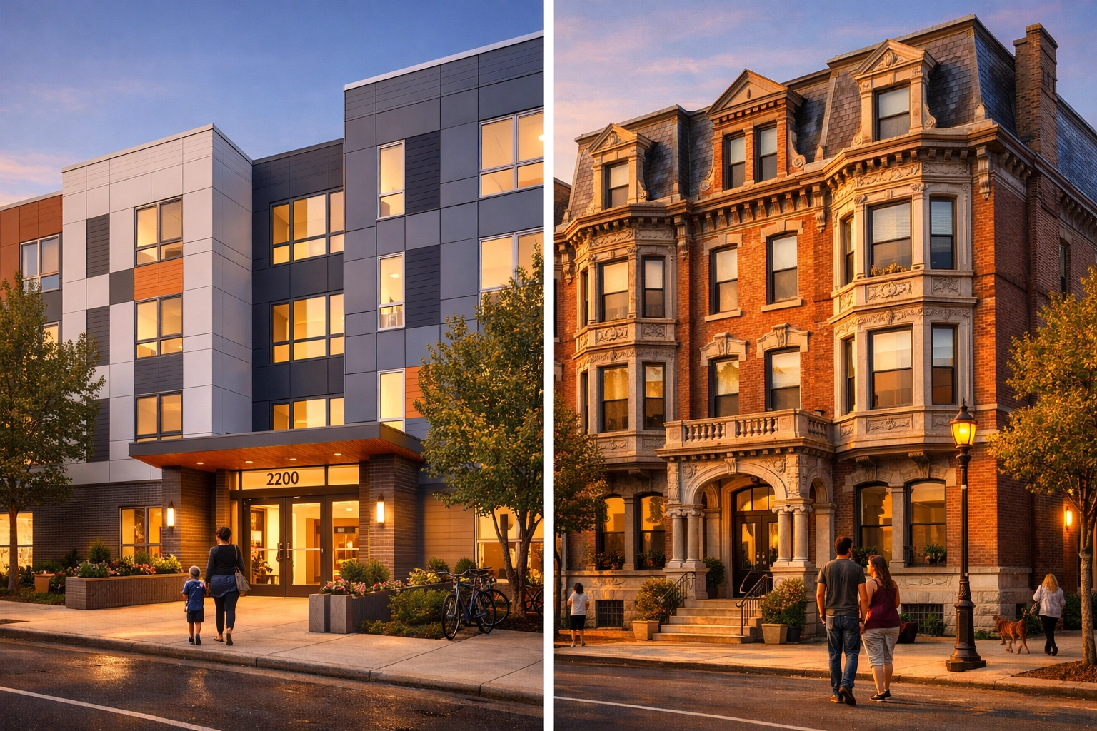 Comparison of modern and historic affordable apartment buildings in Philadelphia