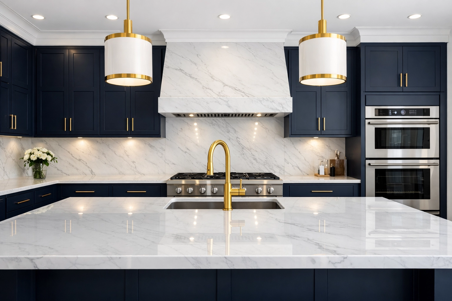 Modern kitchen with white marble counters after expert post-renovation work by professional cleaners Boston MA.