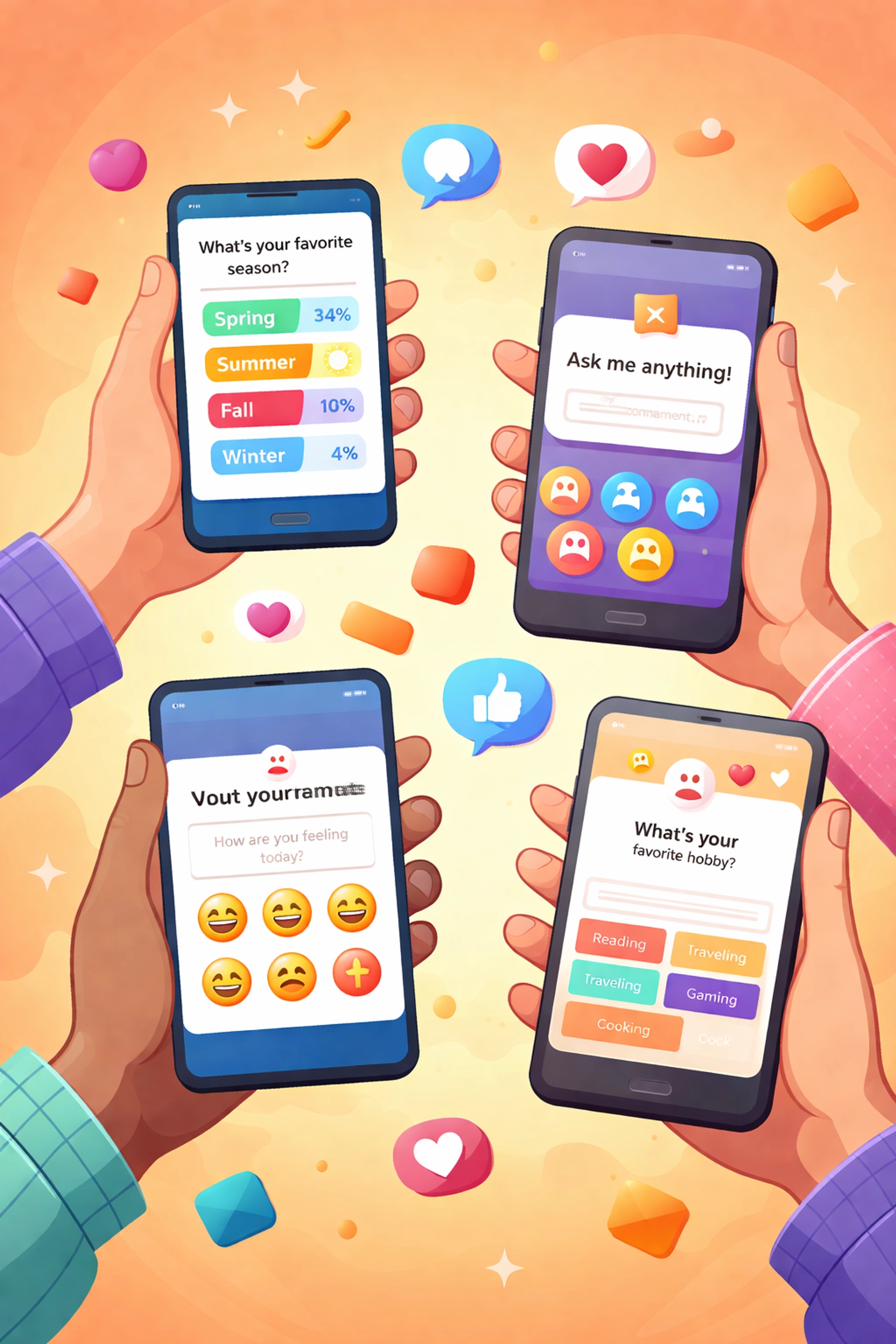 Hands holding phones with polls and emojis highlighting engaging social media design ideas