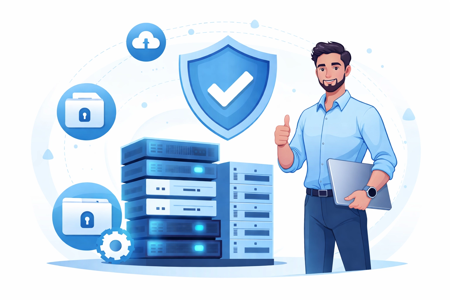 IT professional ensuring data security with protected servers and backup icons, representing managed backup services