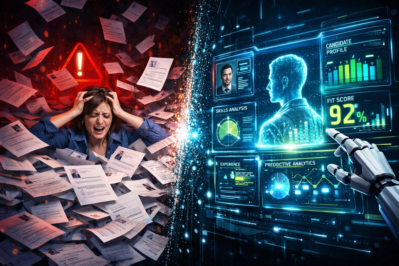 Traditional resume screening chaos versus organized AI assessment data and candidate analytics