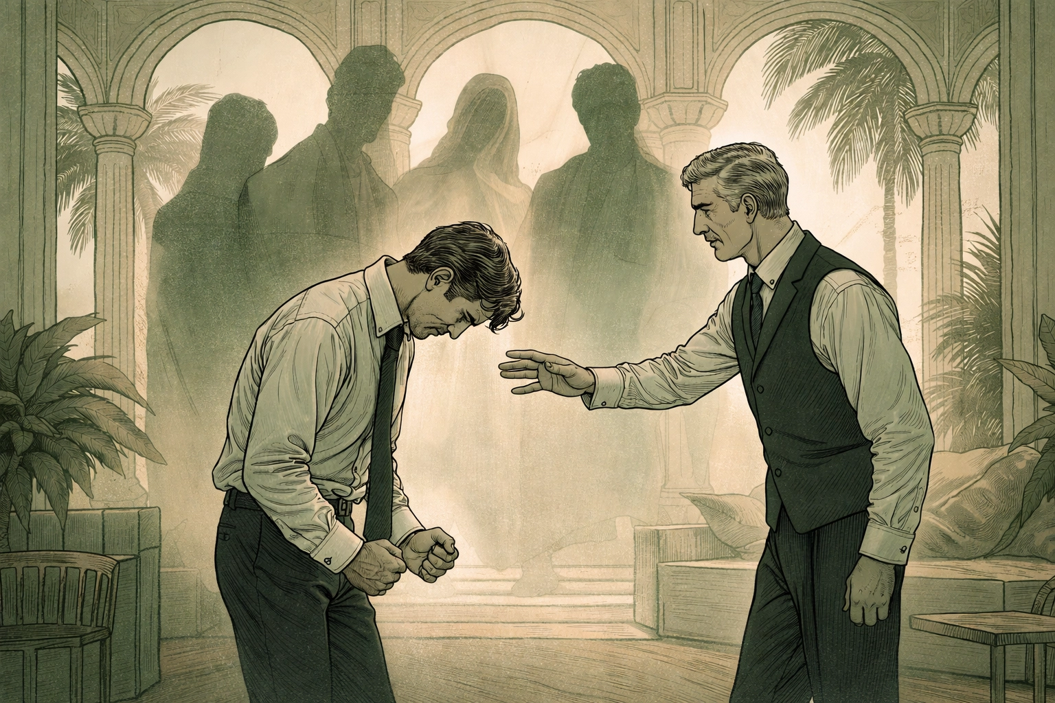 An anguished billionaire and a caring butler confront each other in a luxurious villa, symbolizing power struggles and heartache in MM romance.