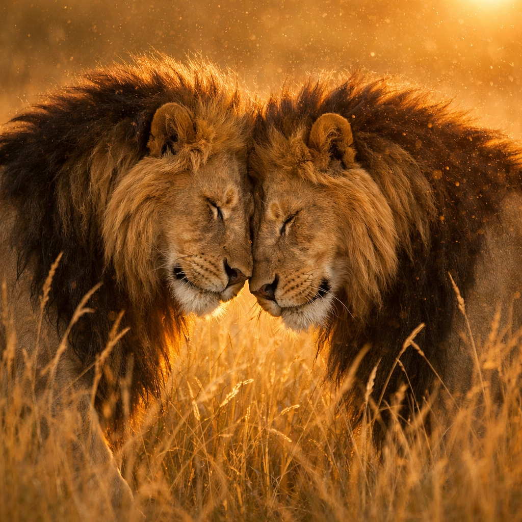 Two male lions nuzzling in the savanna, illustrating that gay romance and social bonds are natural in the wild.