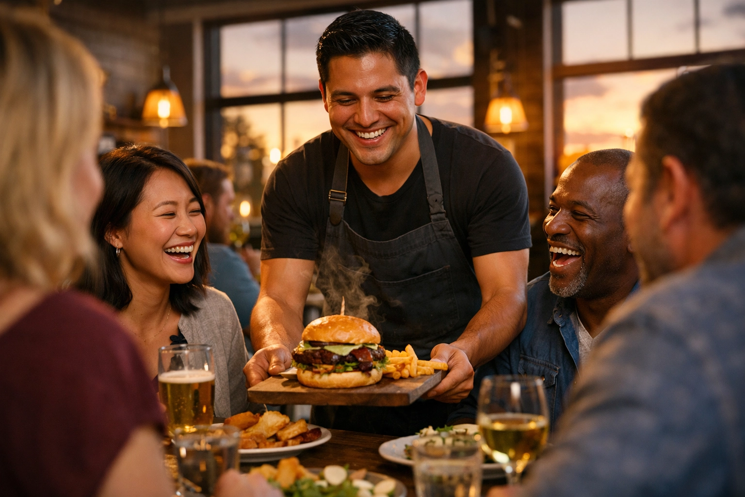 Effective menu engineering in action as a server delivers high-value dishes during a restaurant turnaround.