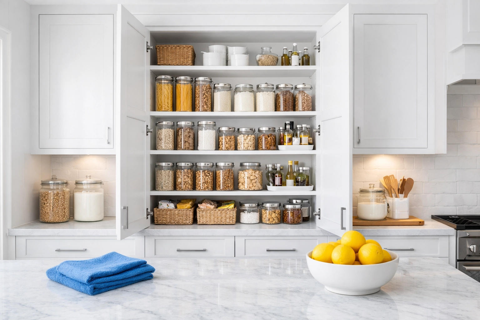 Organized kitchen pantry with clean white cabinets and glass jars in a Lunenburg home.