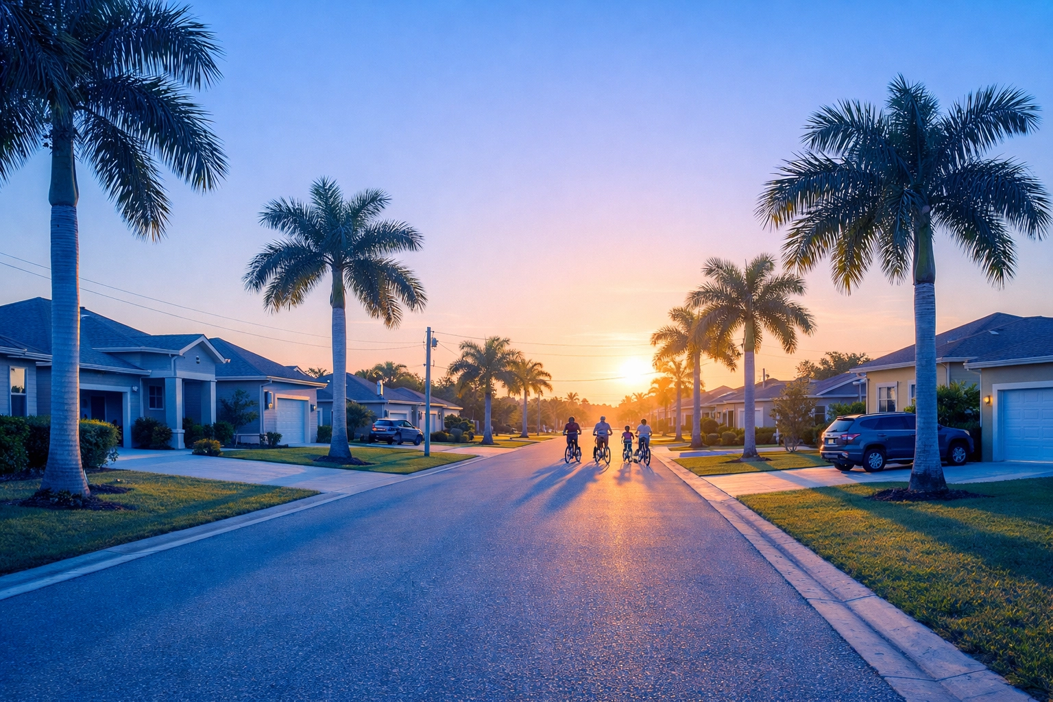 Quiet residential street in Lehigh Acres with family riding bikes at sunset