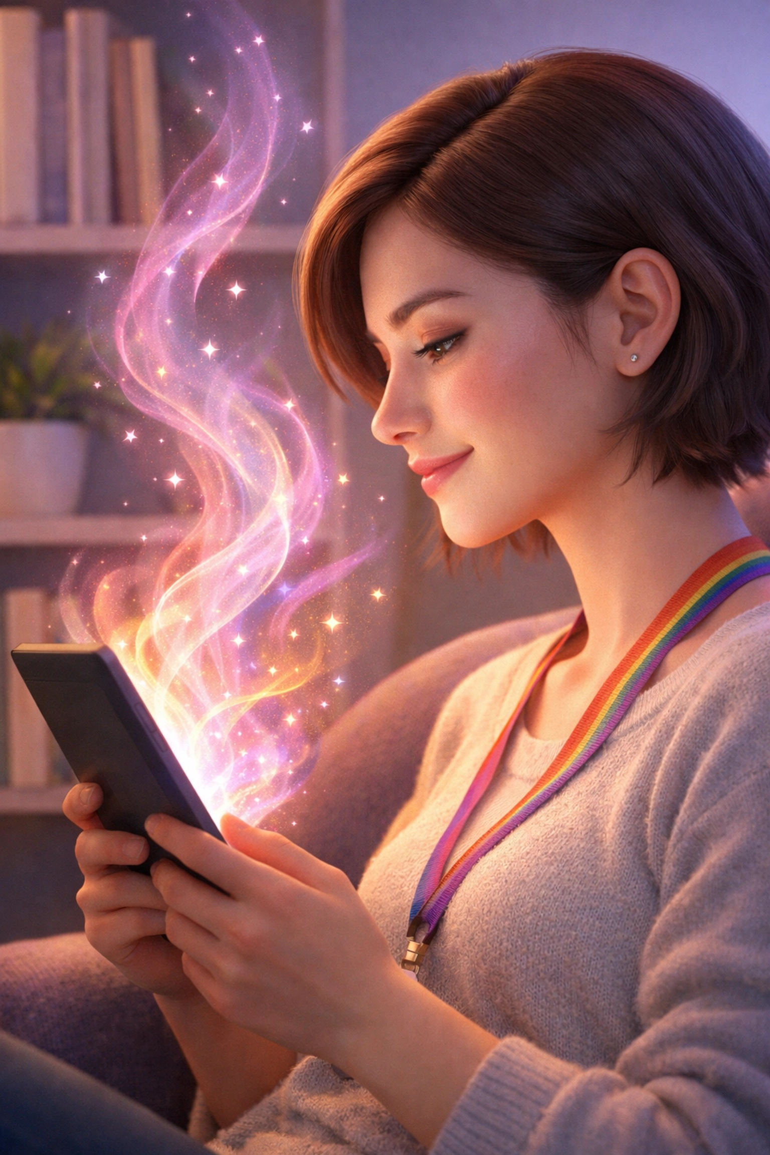 A woman reading an LGBTQ+ ebook in a cozy nook, symbolizing the transformative power of queer literature.
