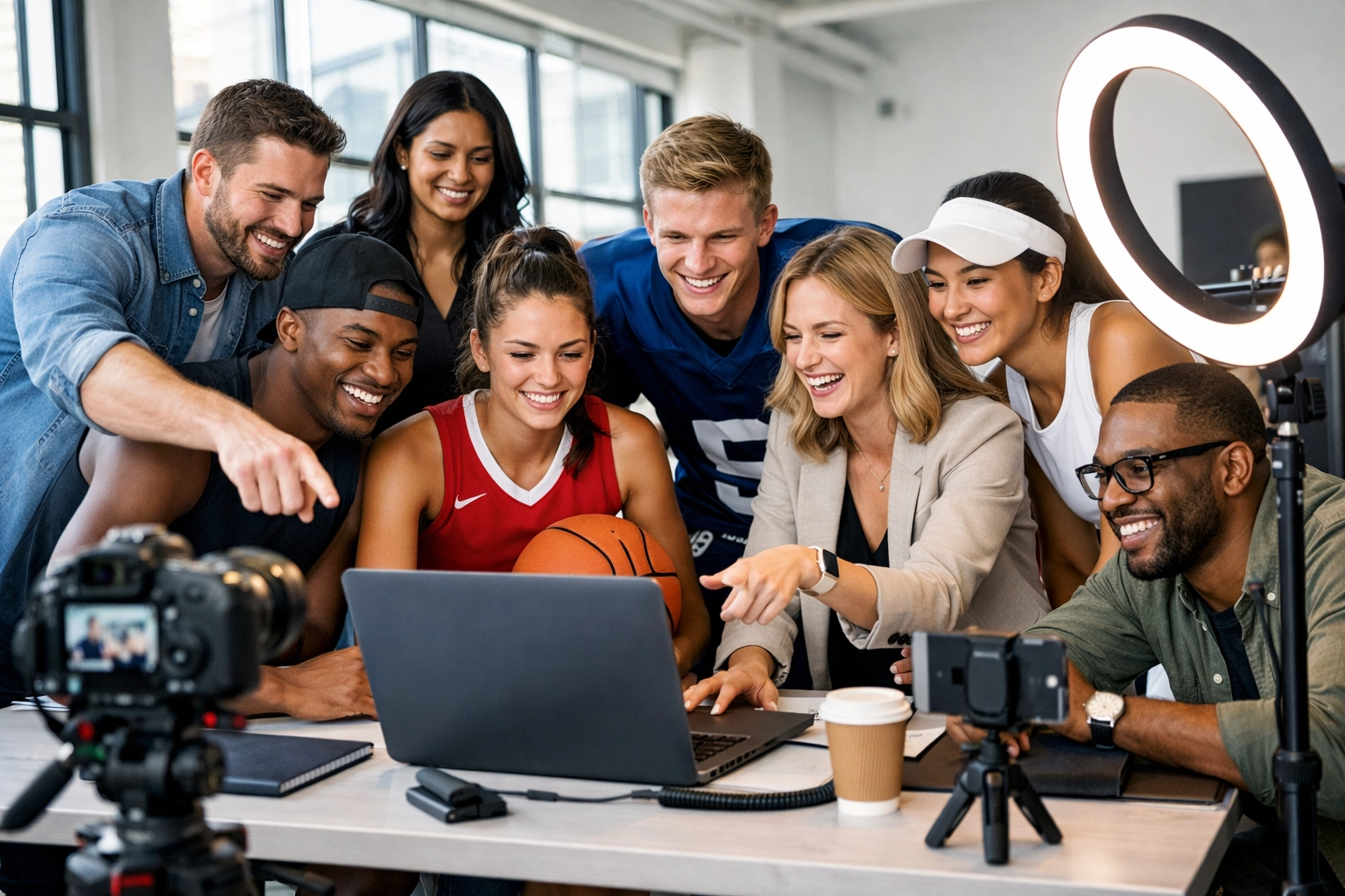 College athletes and marketing professionals collaborating on NIL content creation in modern studio