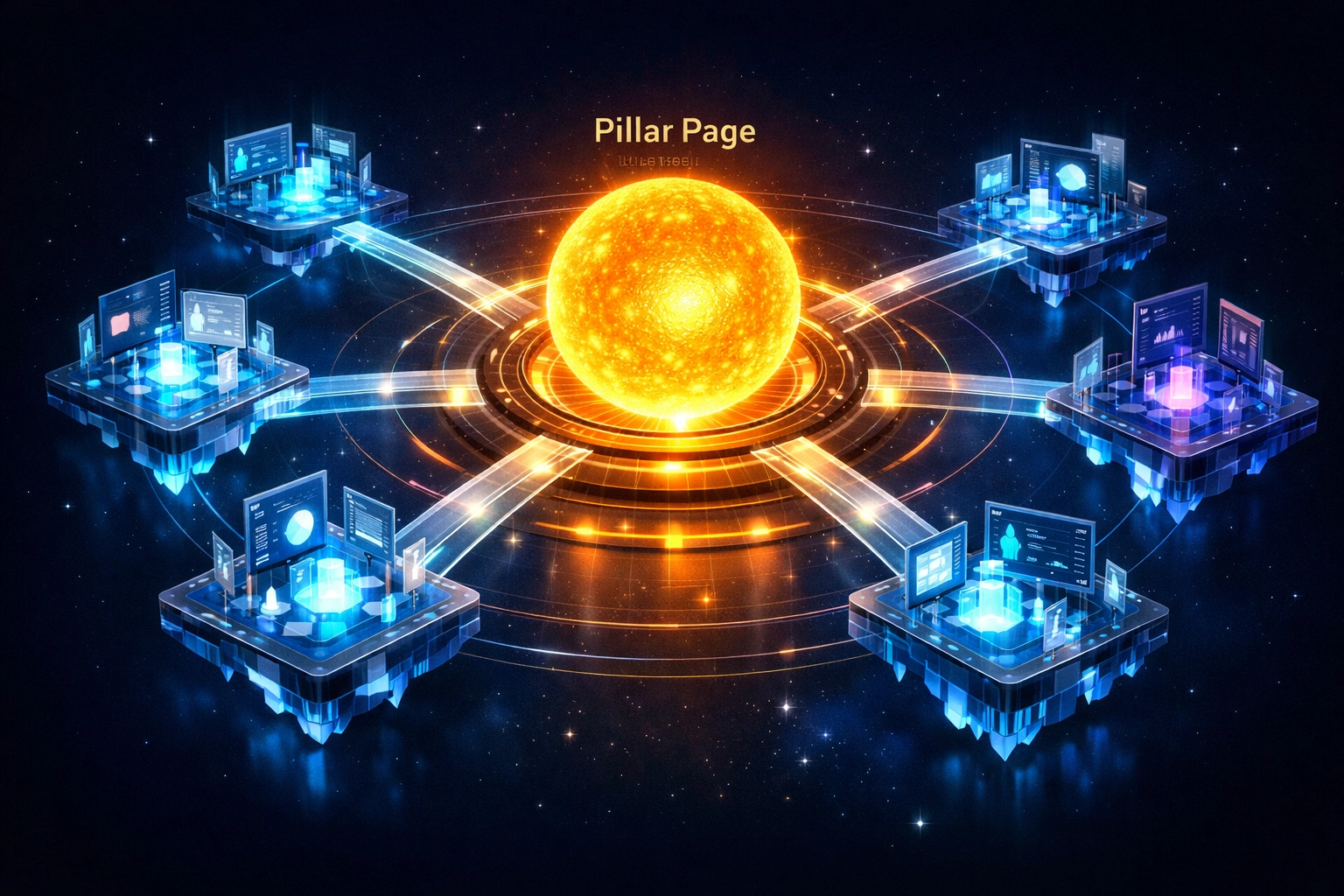 Digital model of a central pillar page connected to multiple supporting cluster content pages.