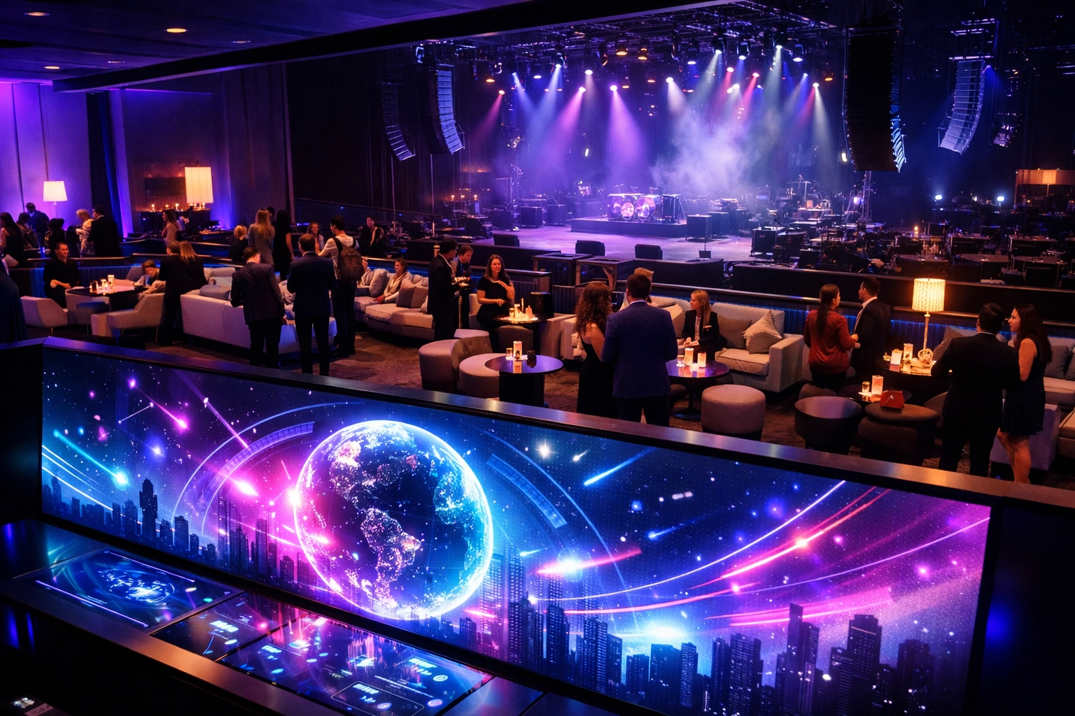 Modern entertainment venue lounge with interactive digital displays and guests during pre-show experience