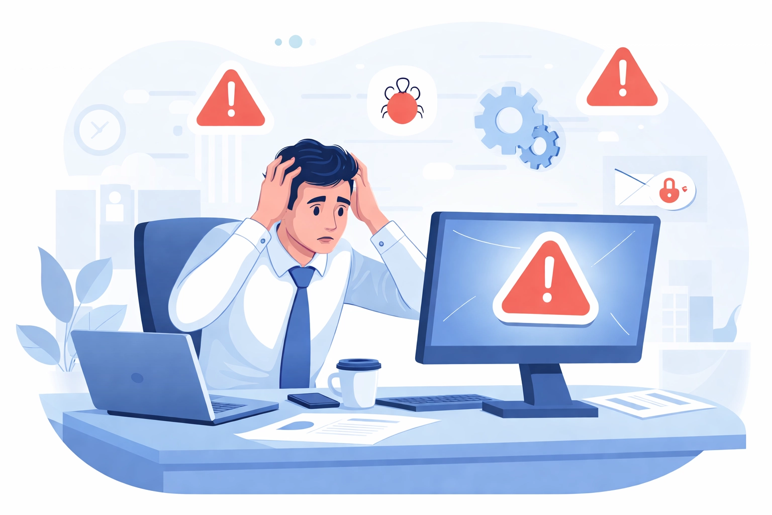 Stressed business owner at desk with warning icons, highlighting the risk of not having a data backup strategy