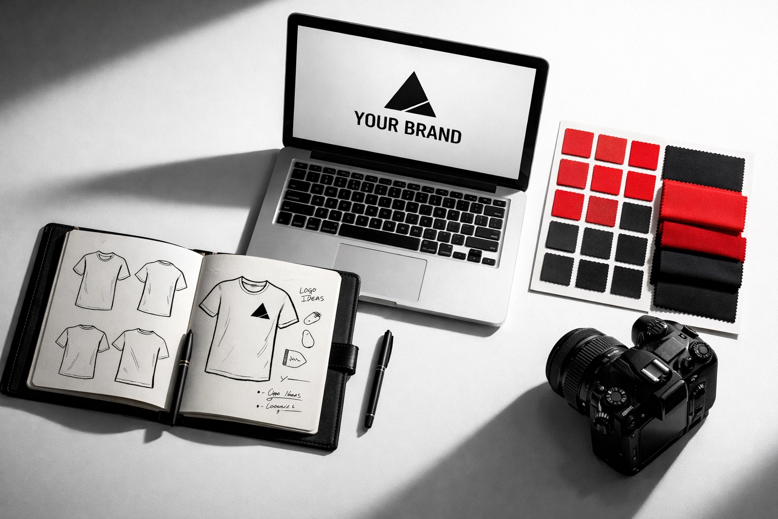 Entrepreneur workspace with t-shirt design sketches and brand building materials for custom apparel