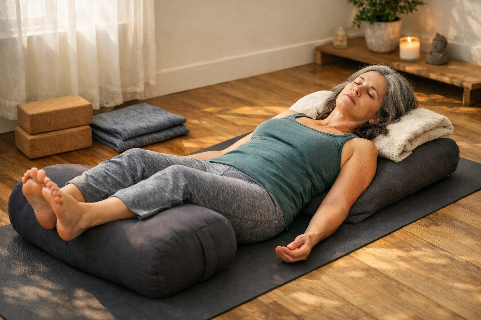 Midlife woman in restorative yoga pose for nervous system recovery during perimenopause