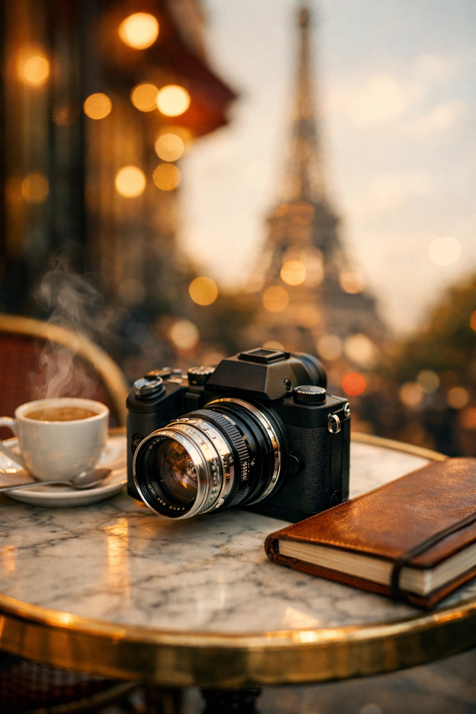 Essential photography gear on a Paris cafe table near popular photo spots near me for travel photography.