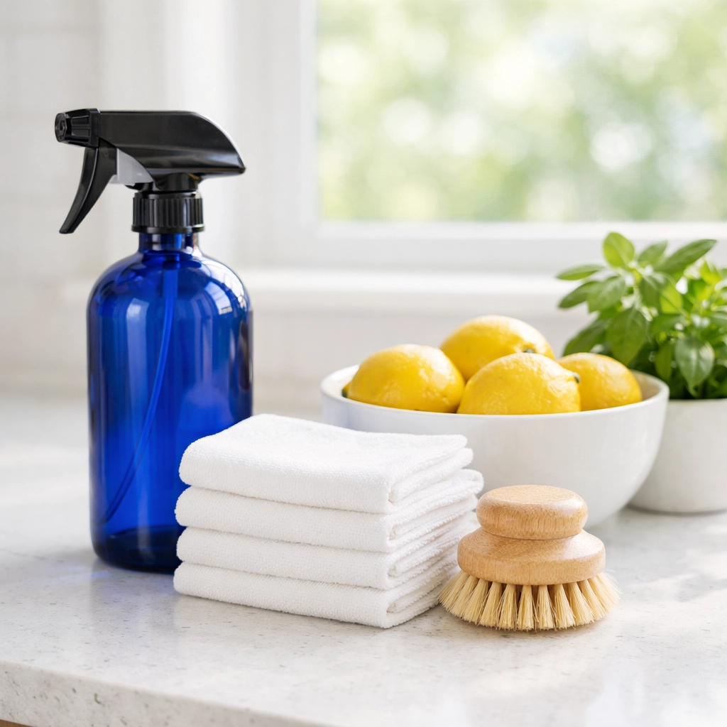 Eco-friendly house cleaning Cambridge MA products on a clean white countertop for a healthy home environment.
