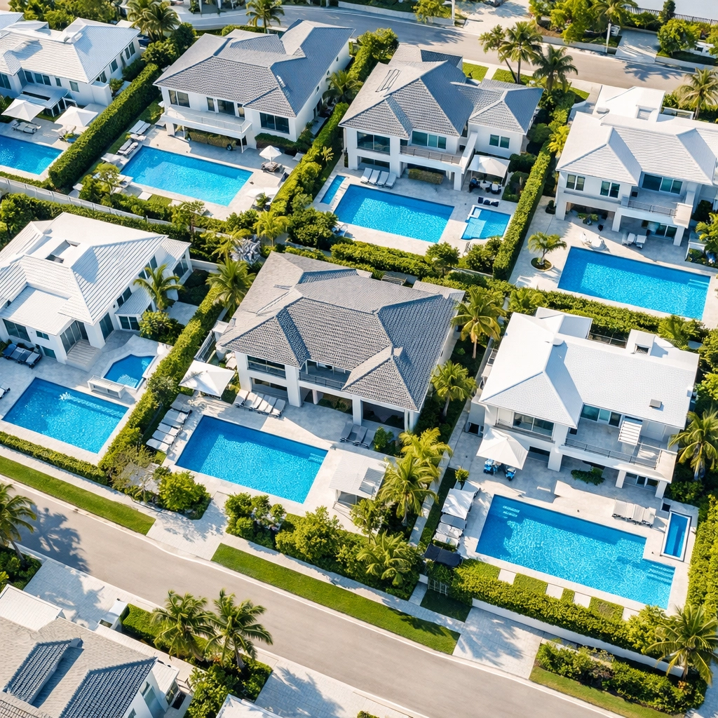 Aerial drone shot of a luxury neighborhood showing high-density pool route service locations.