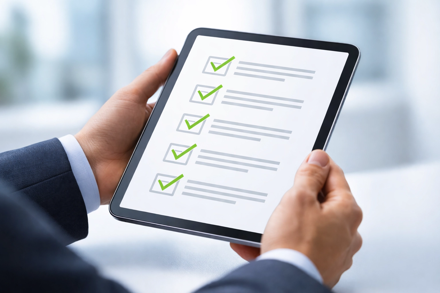 Hands holding a tablet with a verified checklist, ensuring merchant account transparency and risk management
