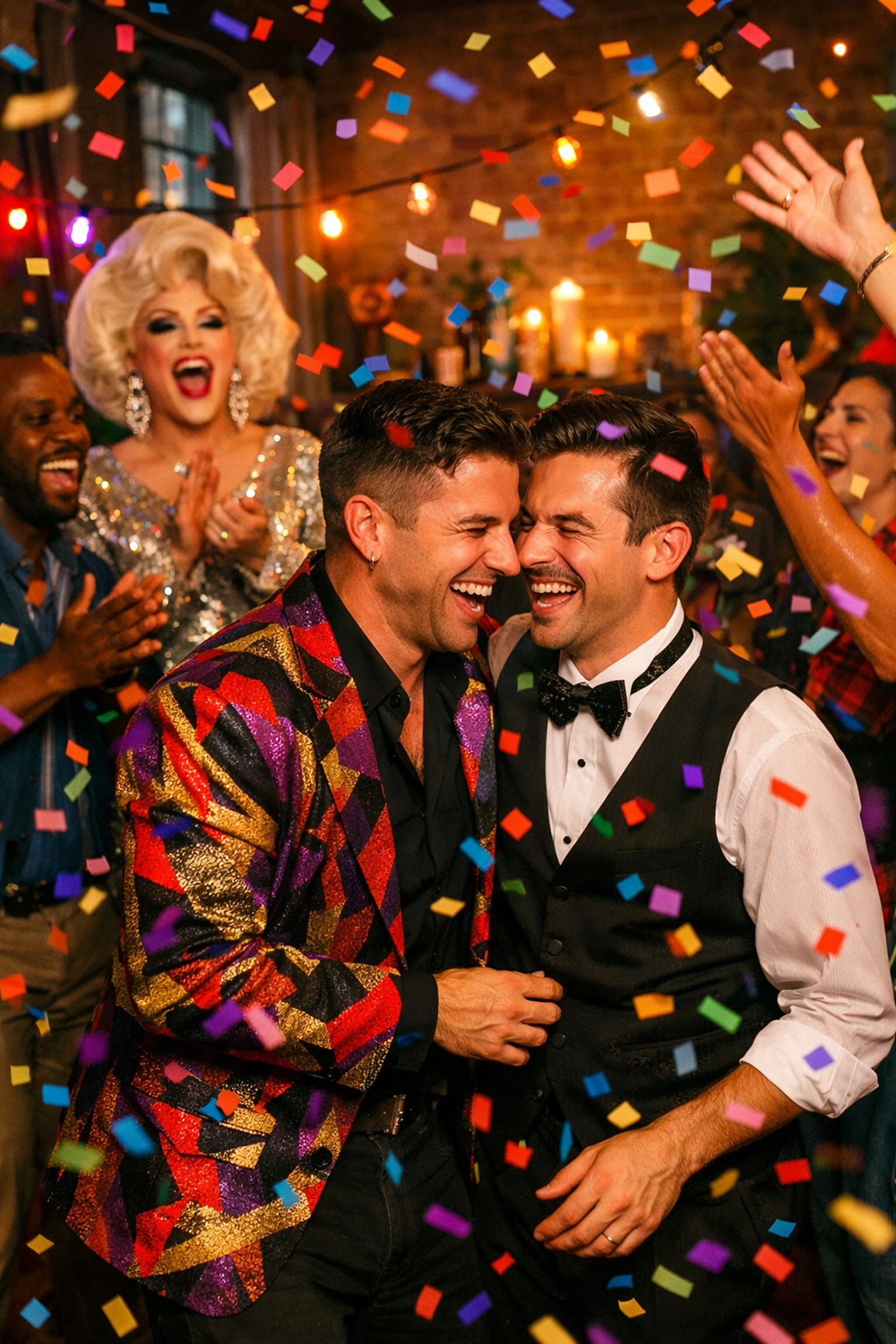 Joyful 1980s gay commitment ceremony featuring a drag queen officiant and rainbow confetti celebration.