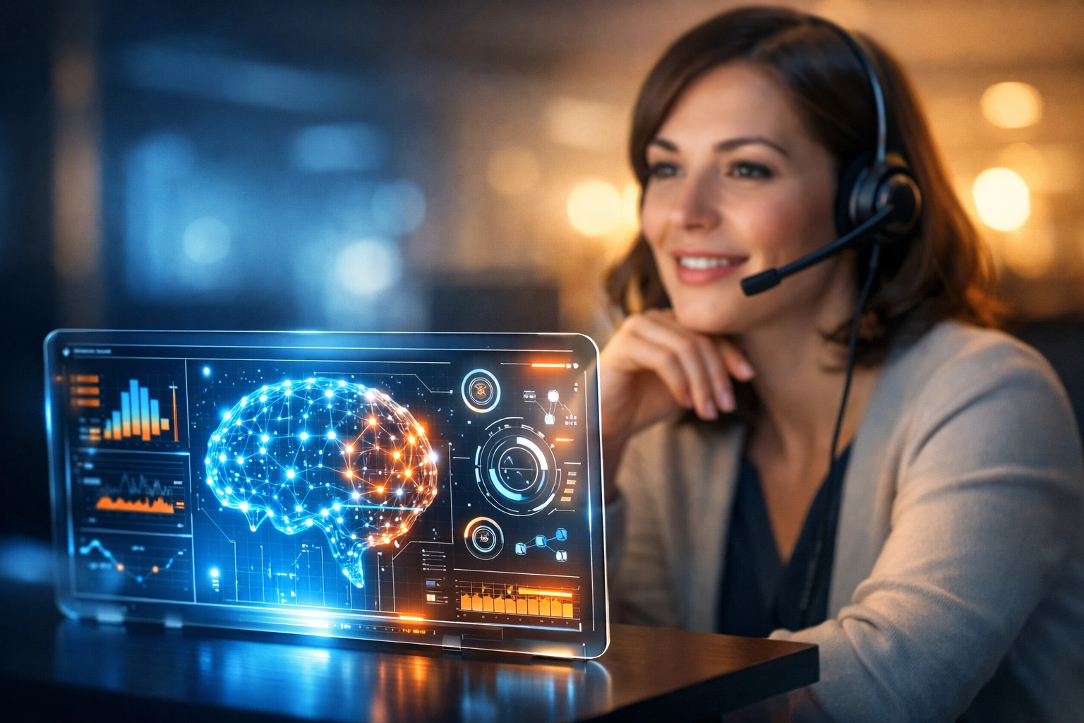 Professional support agent and an AI interface representing the blend of human empathy and automation.