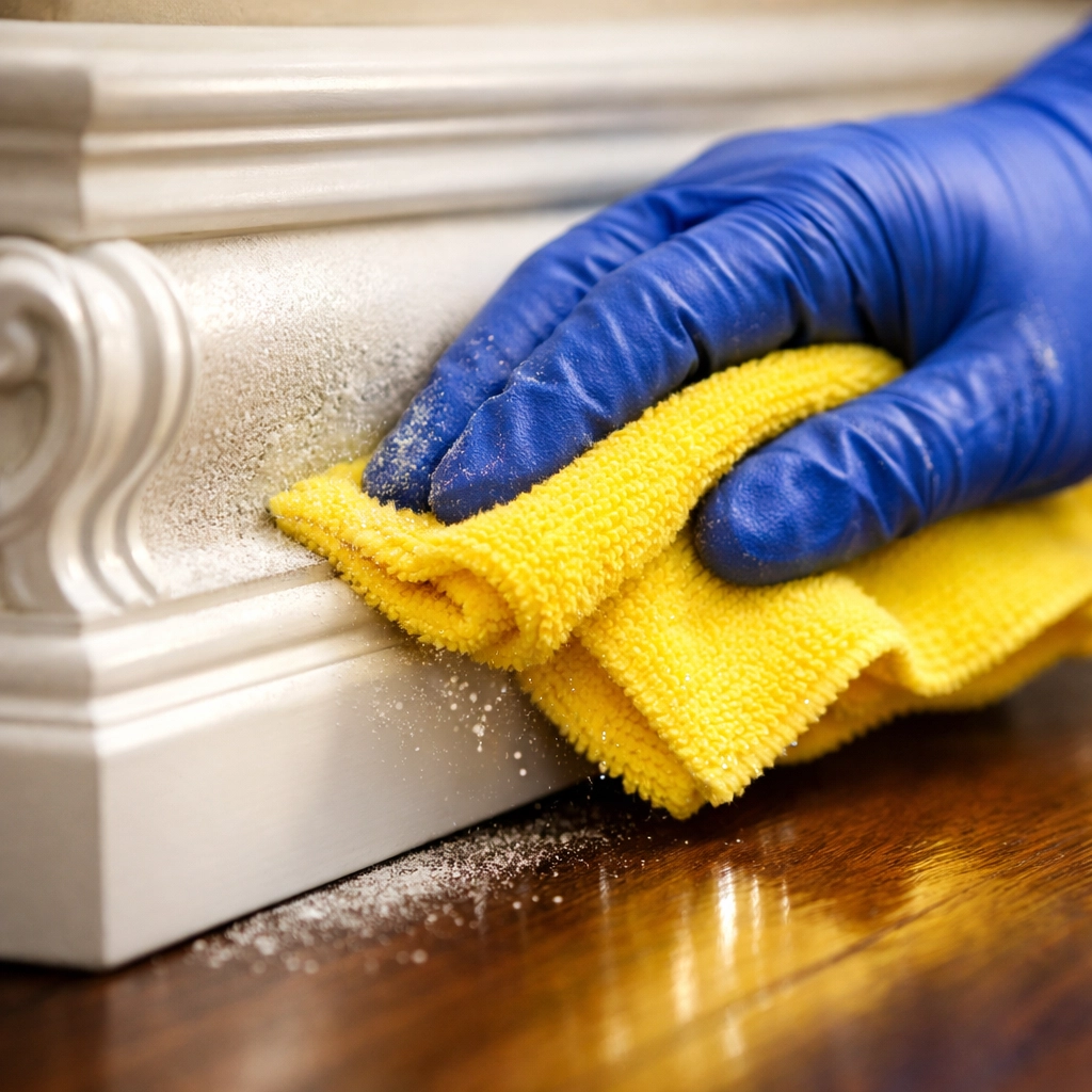 Detail of professional move-out cleaning Worcester MA services wiping down dusty baseboards.