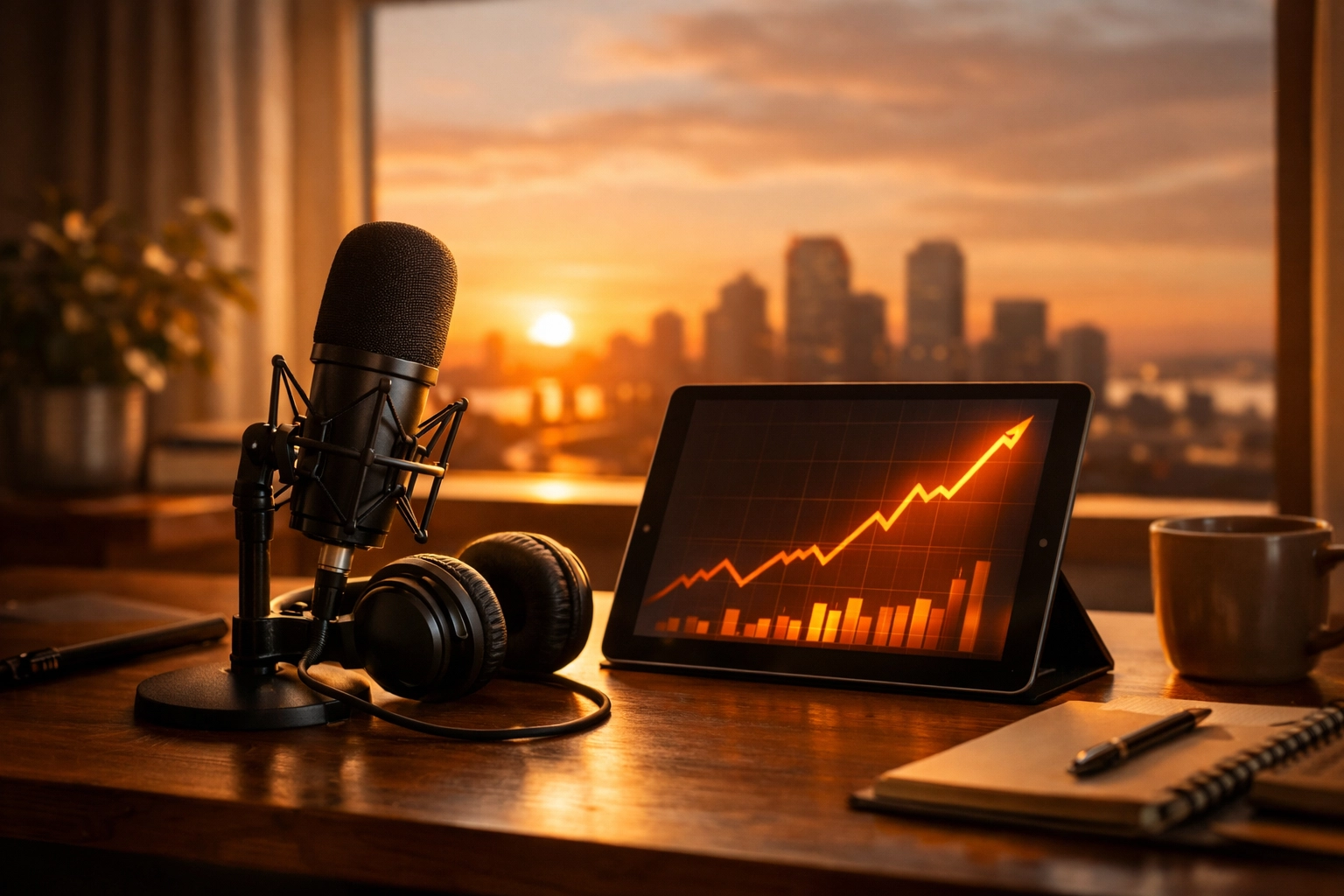 Professional podcast creator workspace featuring a microphone and a tablet showing a rising growth and revenue chart.