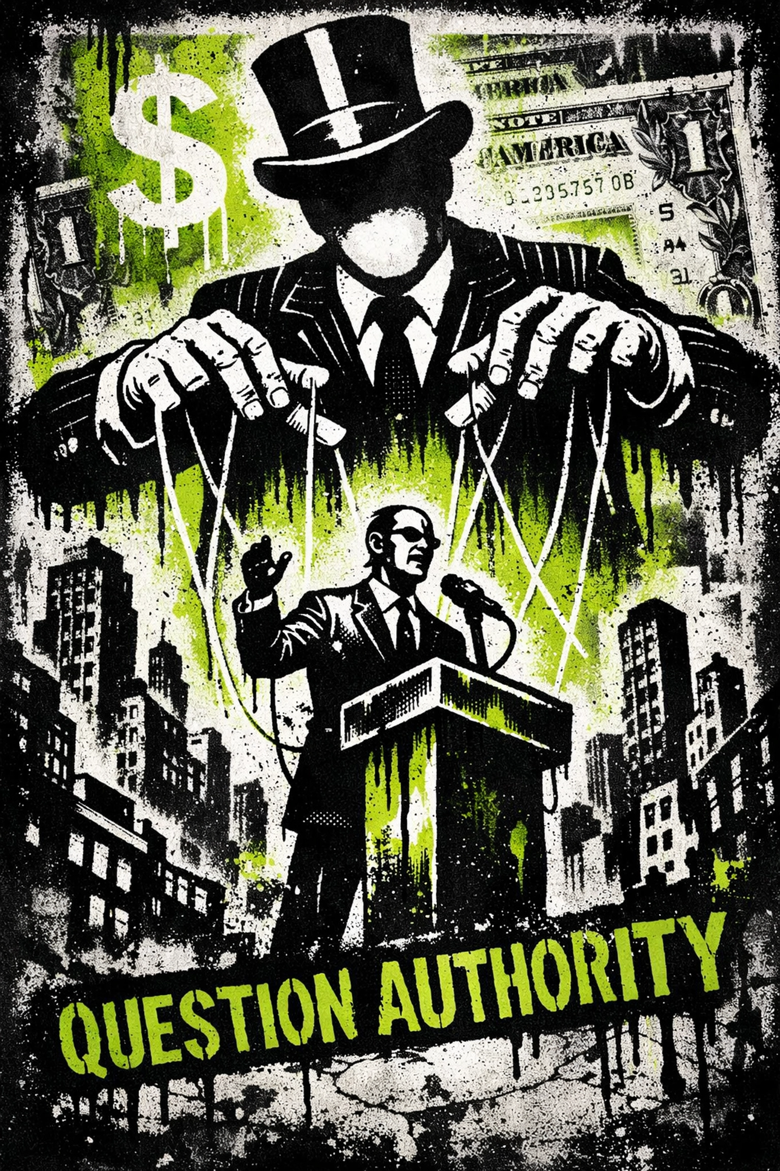 Stencil art of a banker puppet master controlling a politician, depicting the financial leverage over US foreign policy.