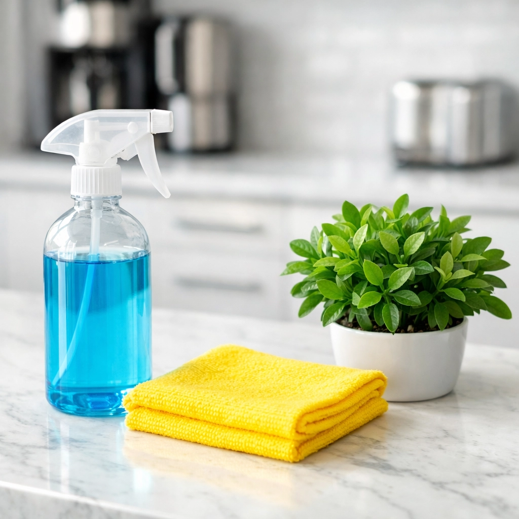 Eco-friendly office cleaning supplies including non-toxic spray and microfiber cloth in a Chelsea breakroom.