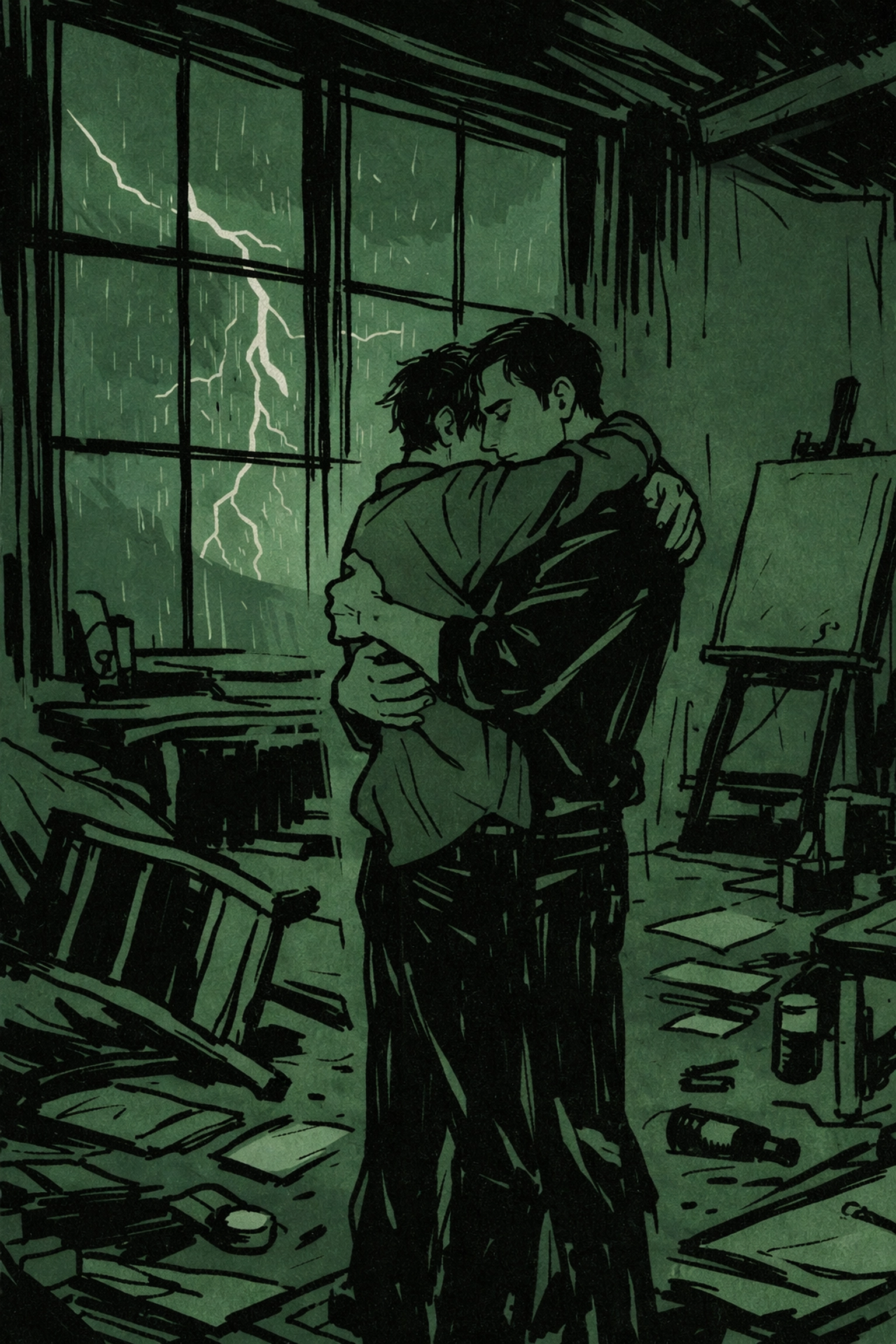 MM romance embrace in chaotic loft during storm - gay thriller romantic danger scene