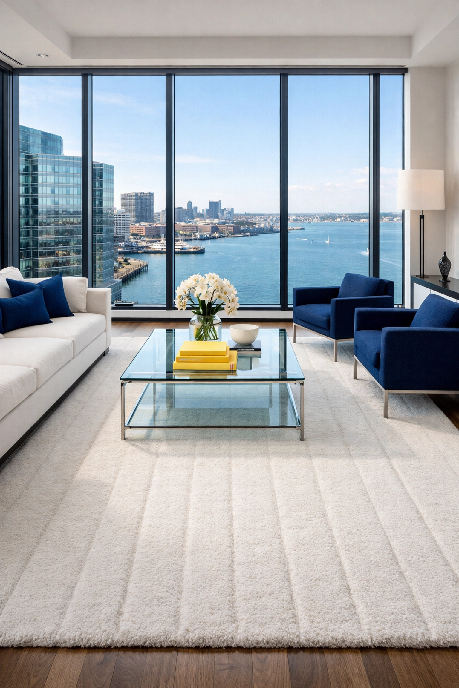 Modern Seaport living room with a perfectly vacuumed rug from professional apartment cleaning in Boston.