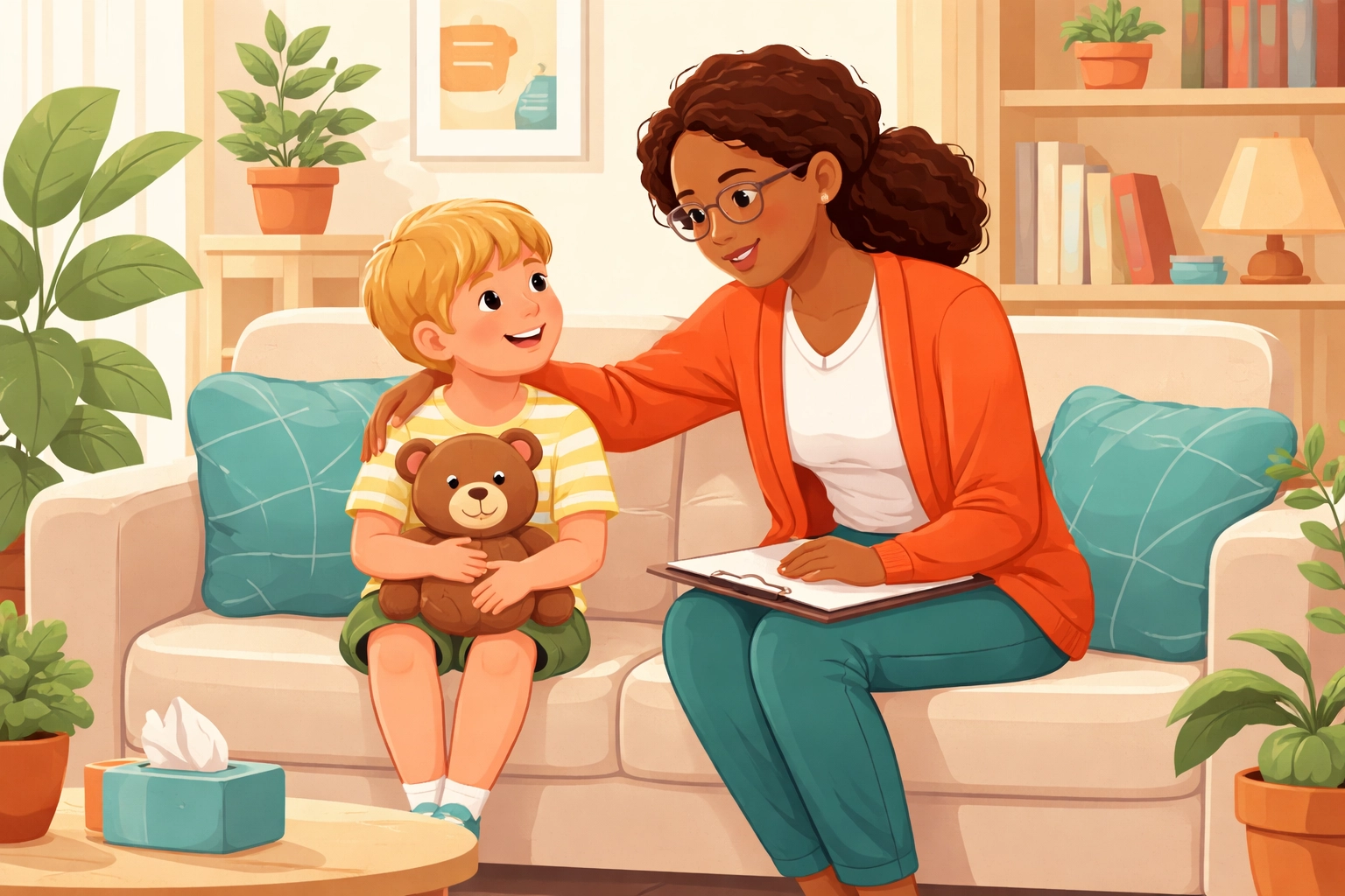 Therapist and young child sharing a positive moment on a couch, highlighting trust in ABA therapy