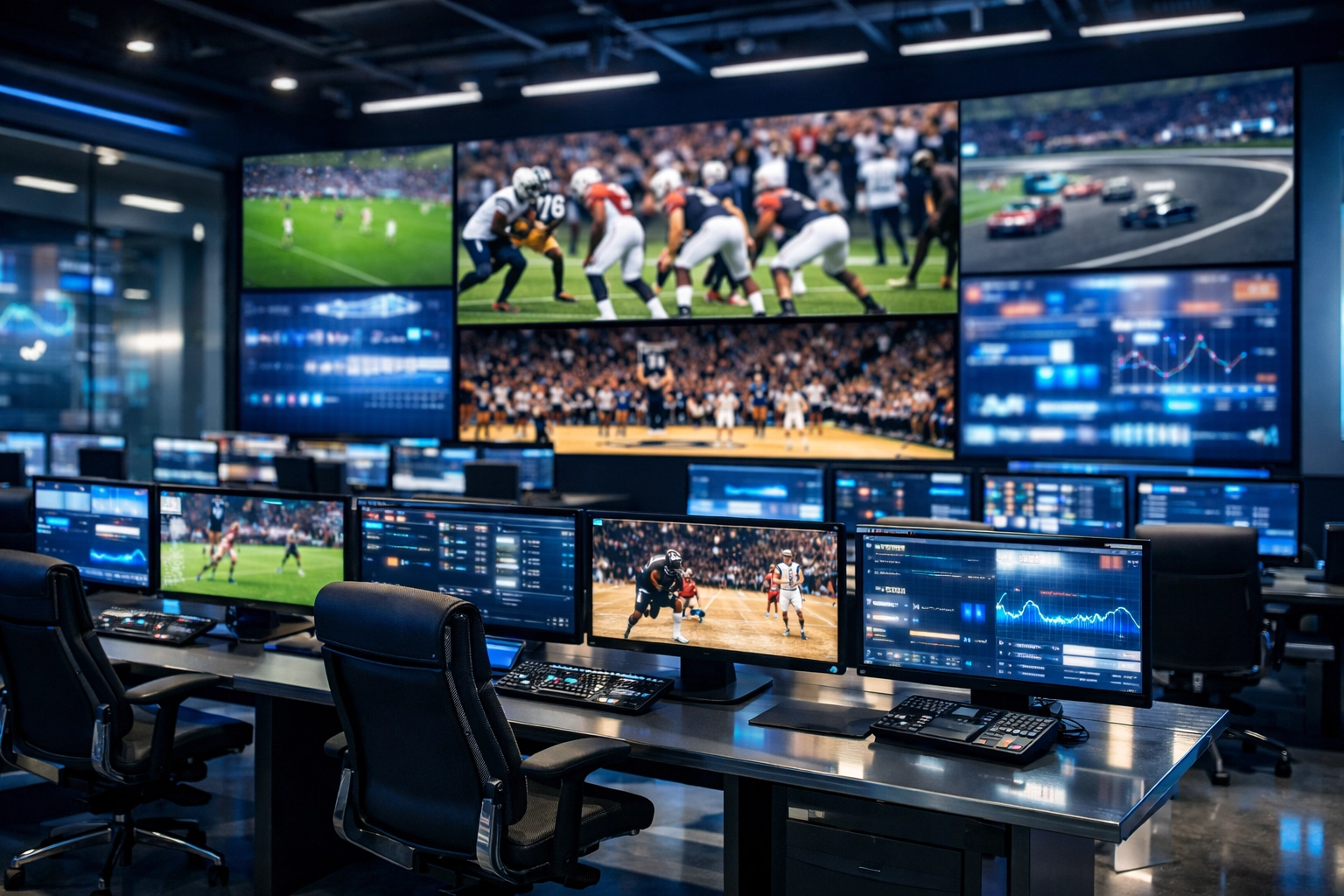 Modern sports media operations center showing data visualizations for strategic advertising network management.