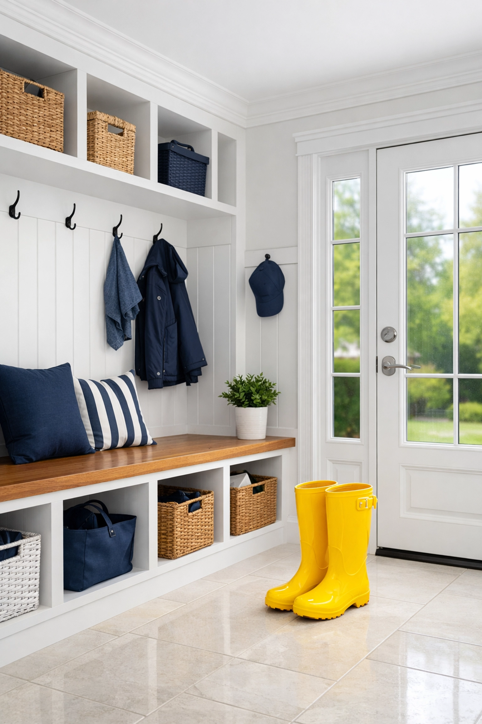 Clean and organized Massachusetts mudroom with a spotless tile floor and clear glass entry door.