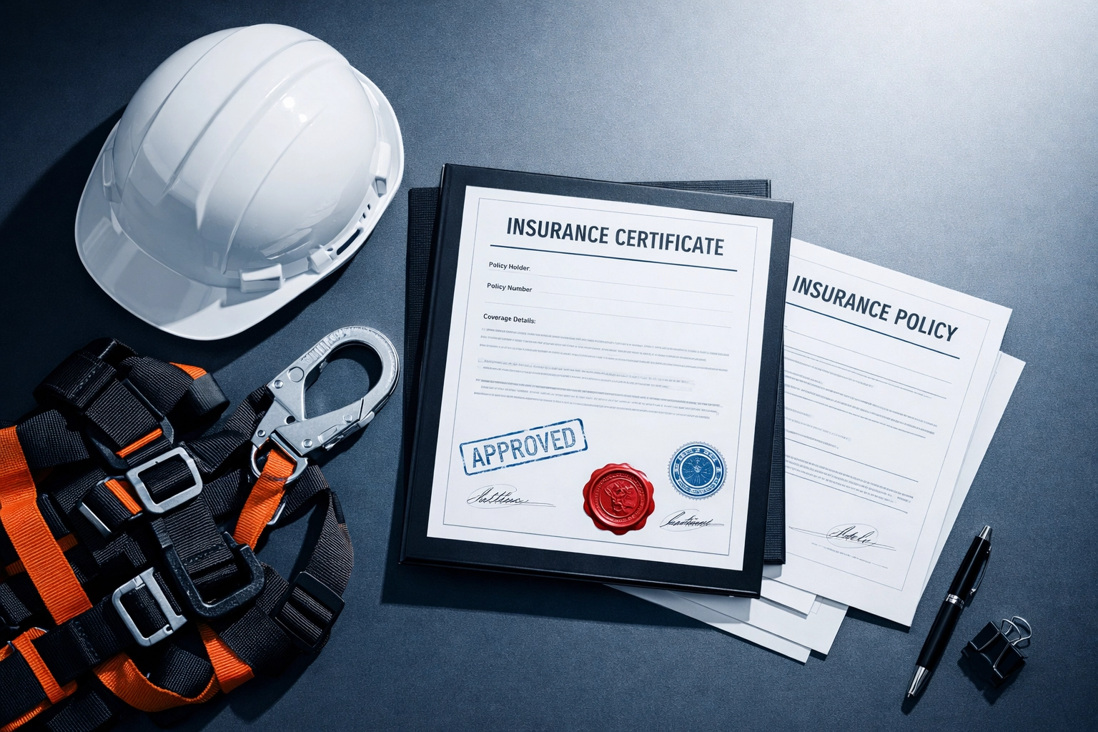 Insurance certificates and safety equipment for commercial window cleaning contractors
