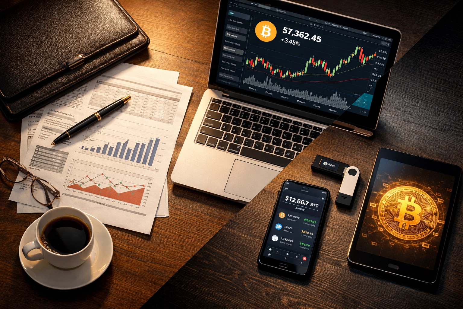 Institutional investor desk showing blend of traditional financial documents and Bitcoin technology