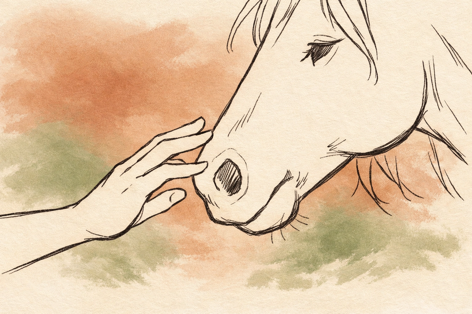 Line-art showing a person connecting with a horse, representing emotional healing in equine therapy.