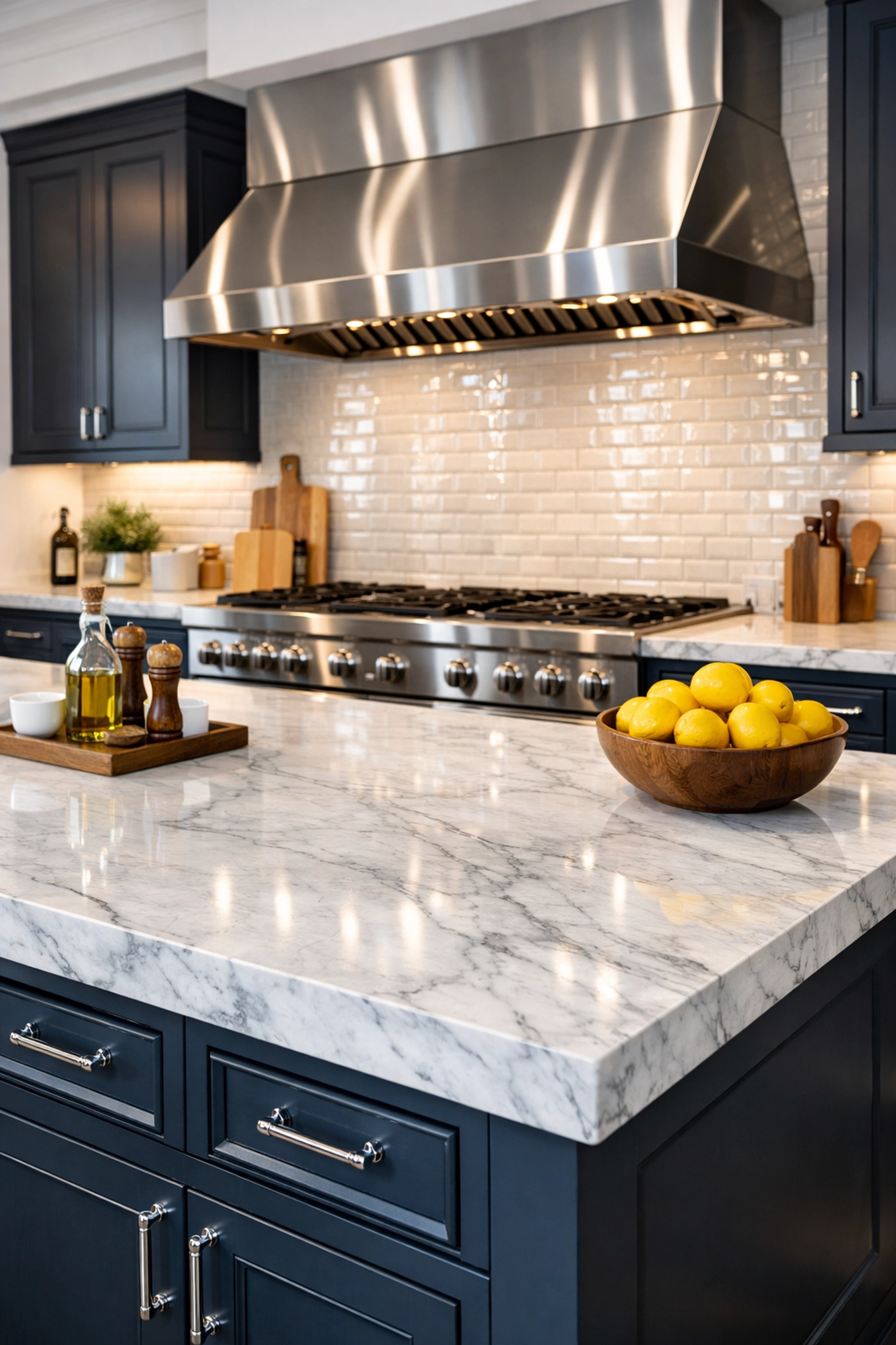 Impeccably cleaned luxury kitchen in Wellesley with polished marble counters and detailed stainless steel appliances.