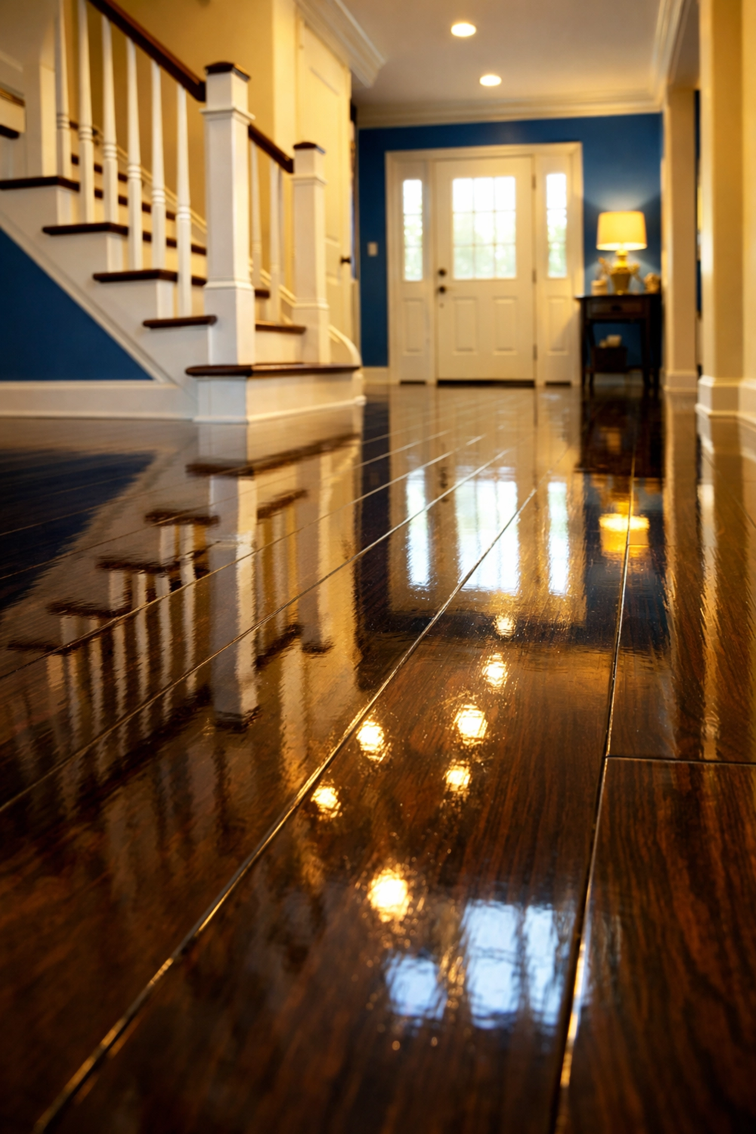 Impeccably polished dark hardwood floors in a Massachusetts foyer after a thorough deep move-in cleaning.