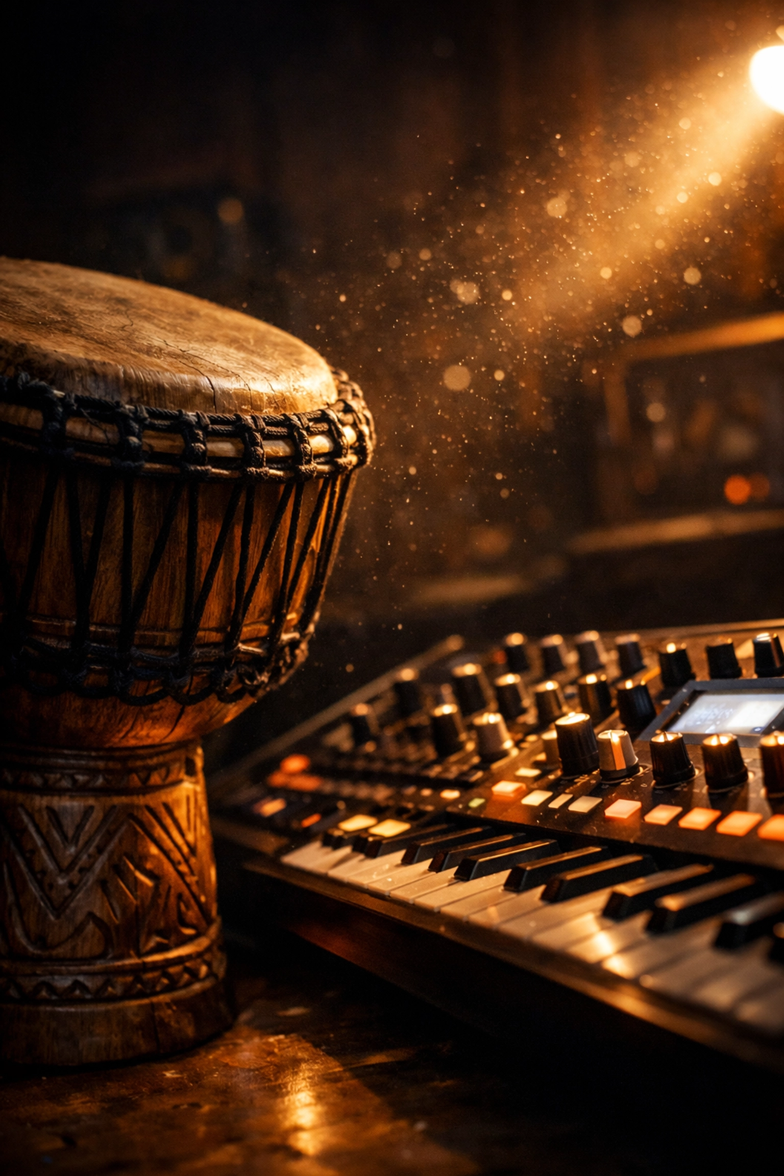 A traditional djembe drum next to a modern synthesizer, representing the fusion of Afro House production.