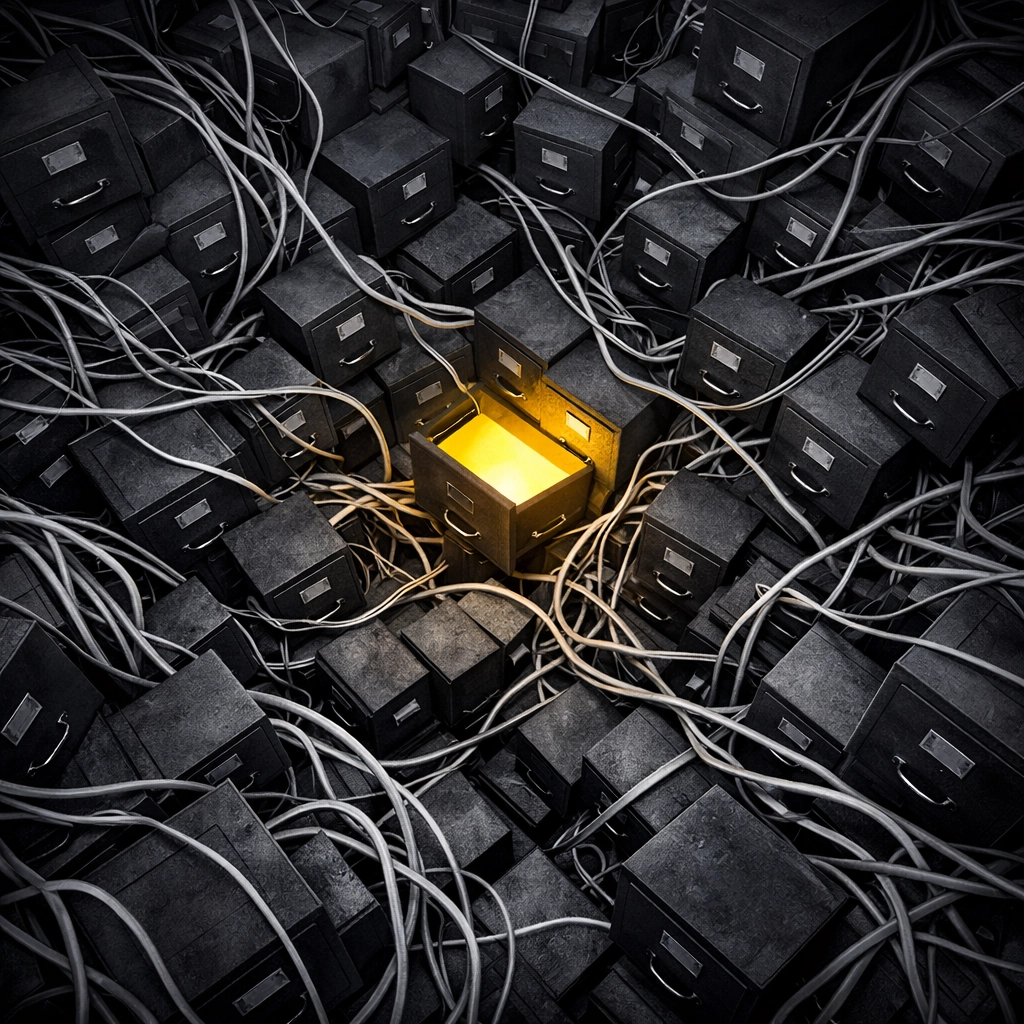 A glowing drawer of gold hidden within a messy CRM file labyrinth requiring database optimization.