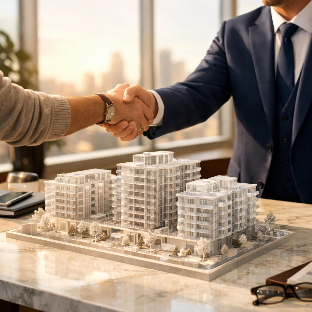 Professional discussing limited company buy-to-let structures with a property investor in a modern office.