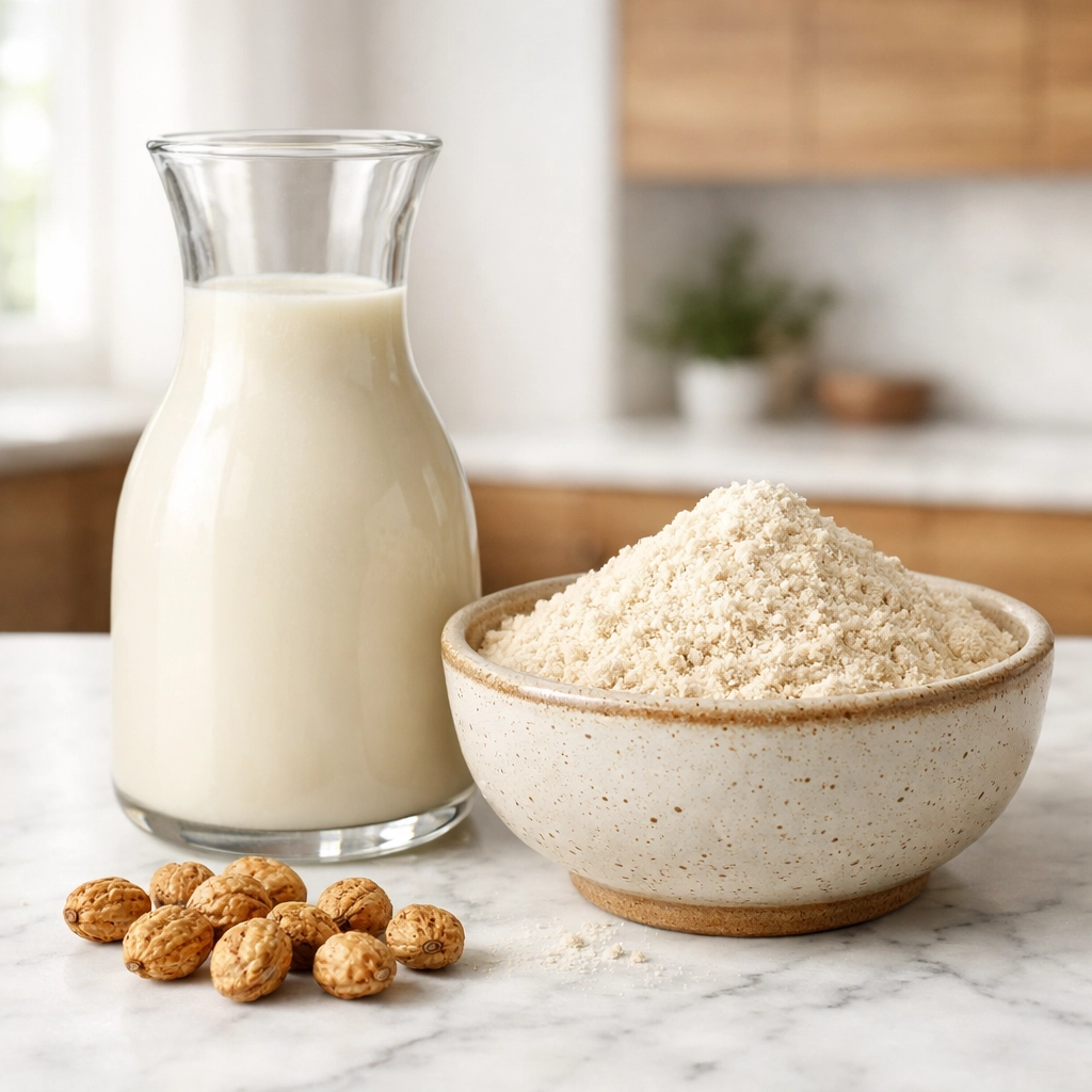 Fresh tiger nut milk and finely ground tiger nut flour, ideal for gluten-free food manufacturing and wholesale supply.